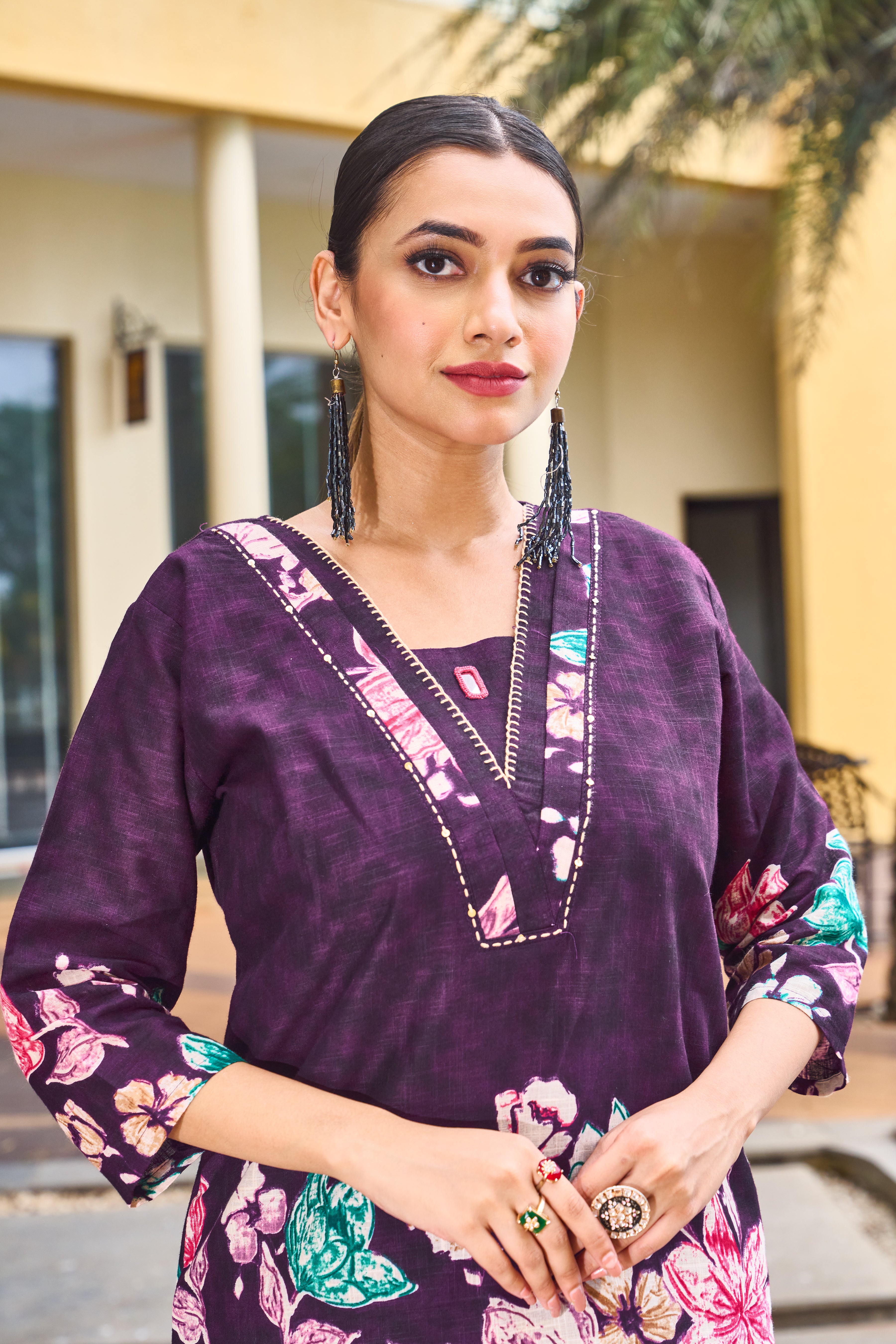 V-Neck A-Line Handcrafted Co-ord with pant