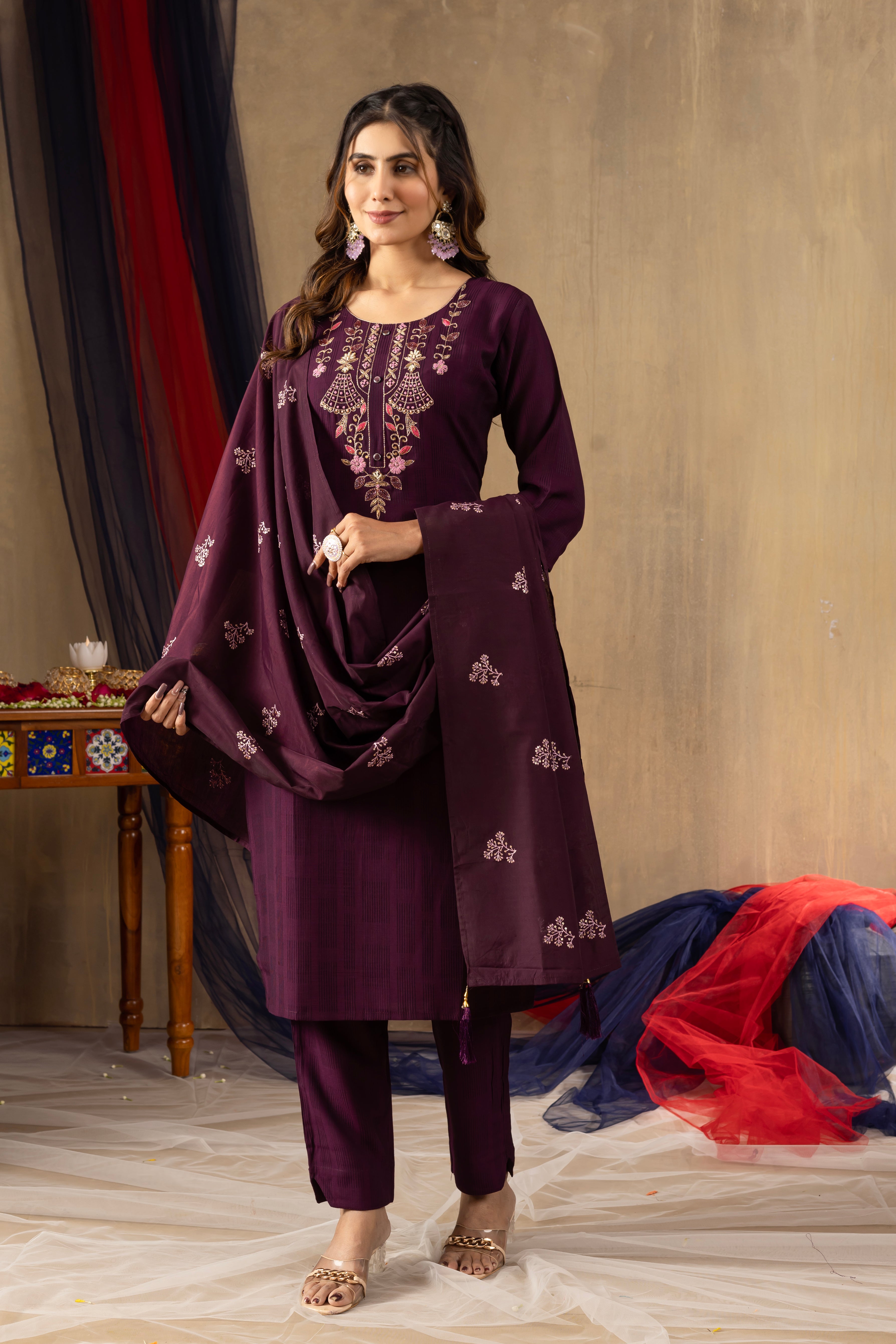Wine Elegant Straight Kurti Pant Dupatta Set