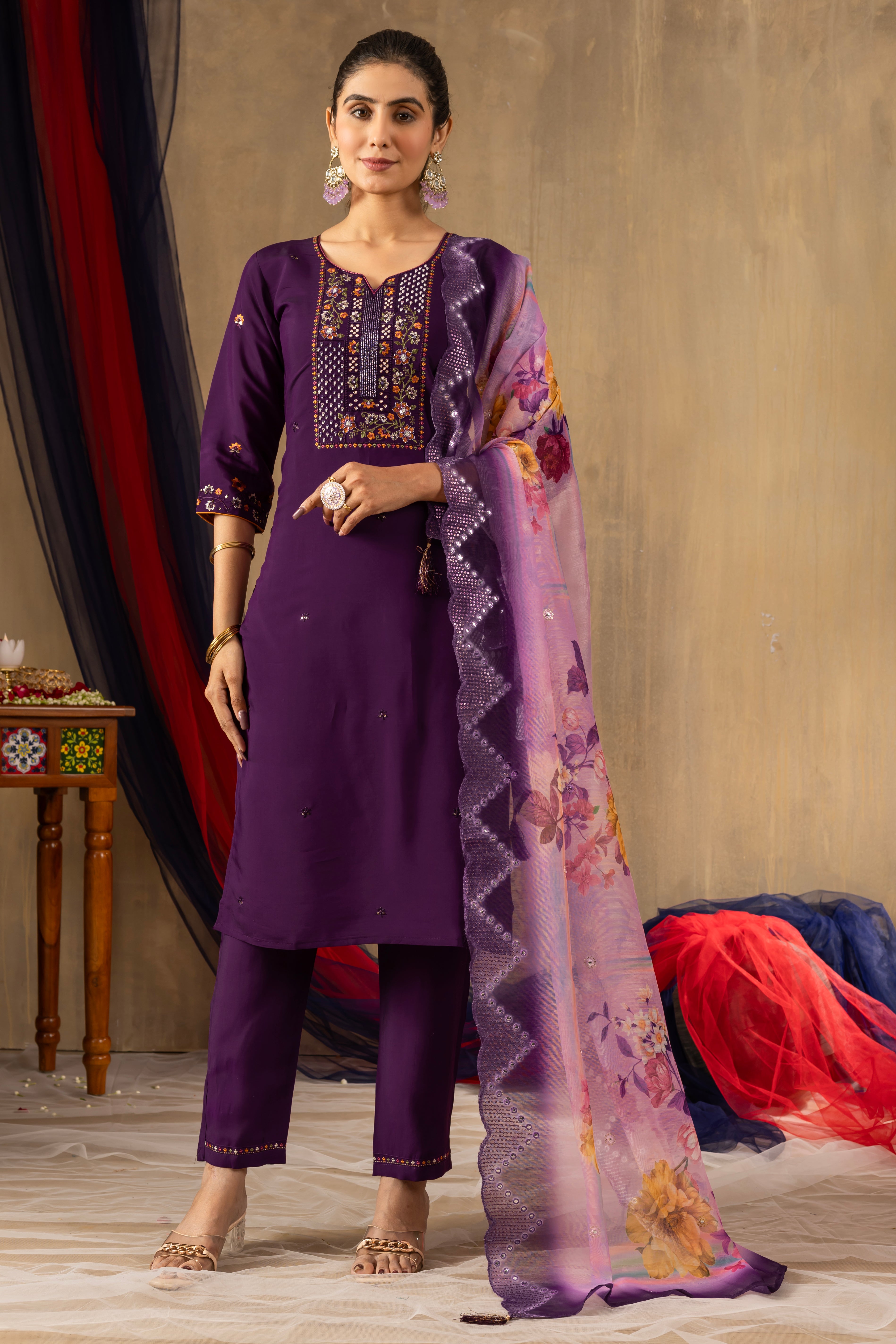 Purple Elegant Straight Kurti Pant Dupatta Set