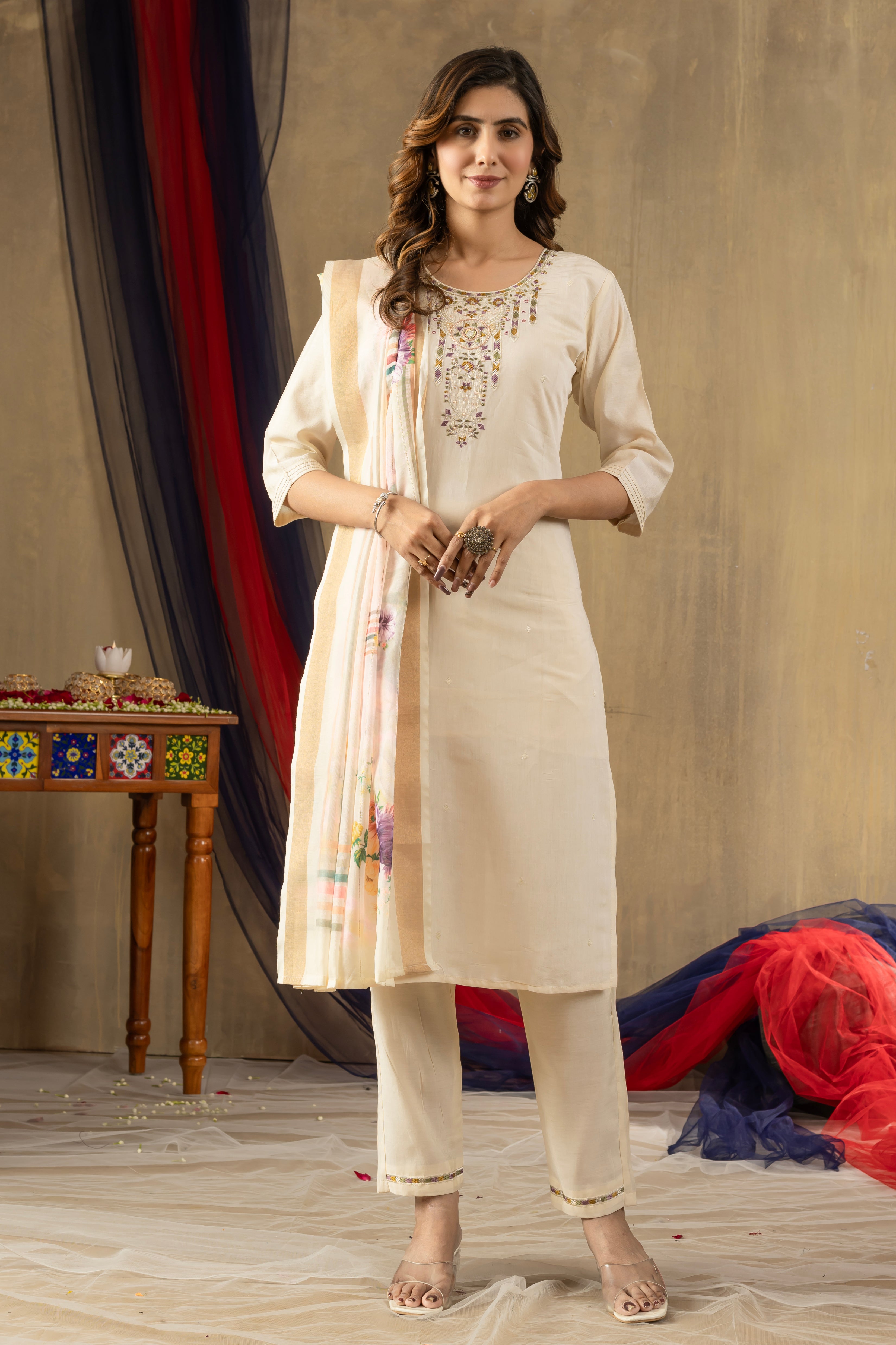 White Elegant Straight Kurti Pant Dupatta Set
