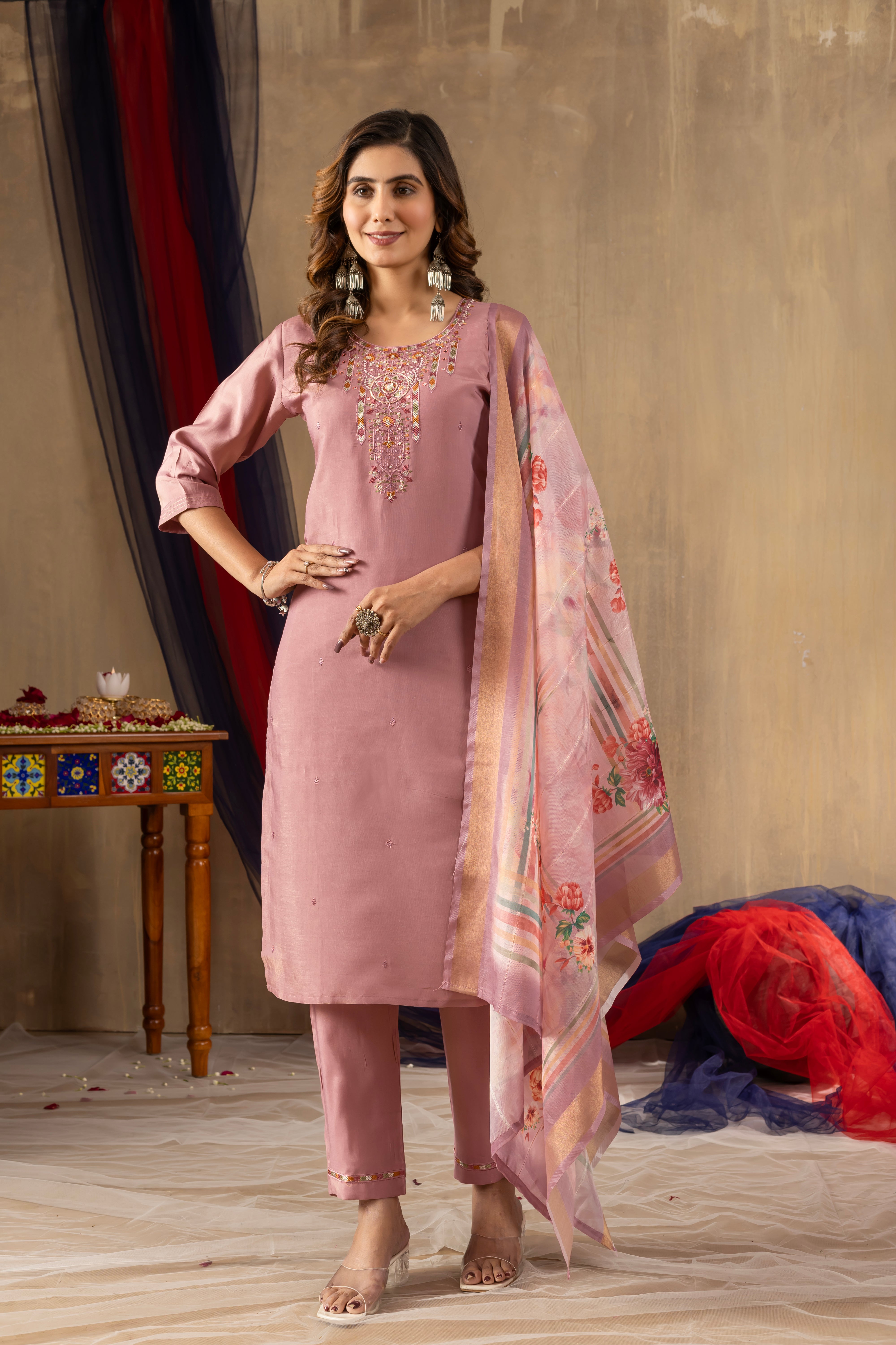 Pink Elegant Straight Kurti Pant Dupatta Set