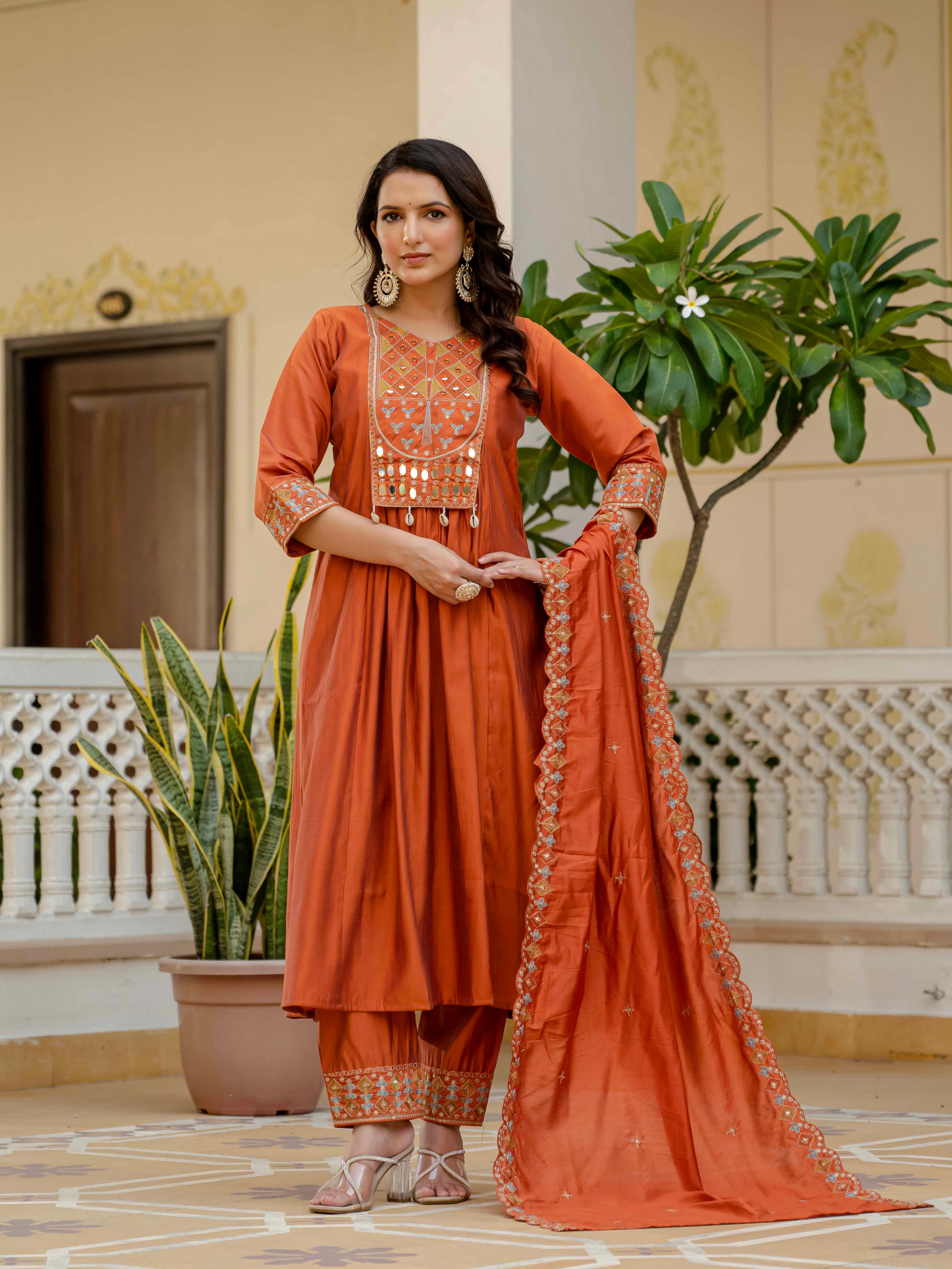Multi Embroidery Thread With Real Mirror Hand Work kurti