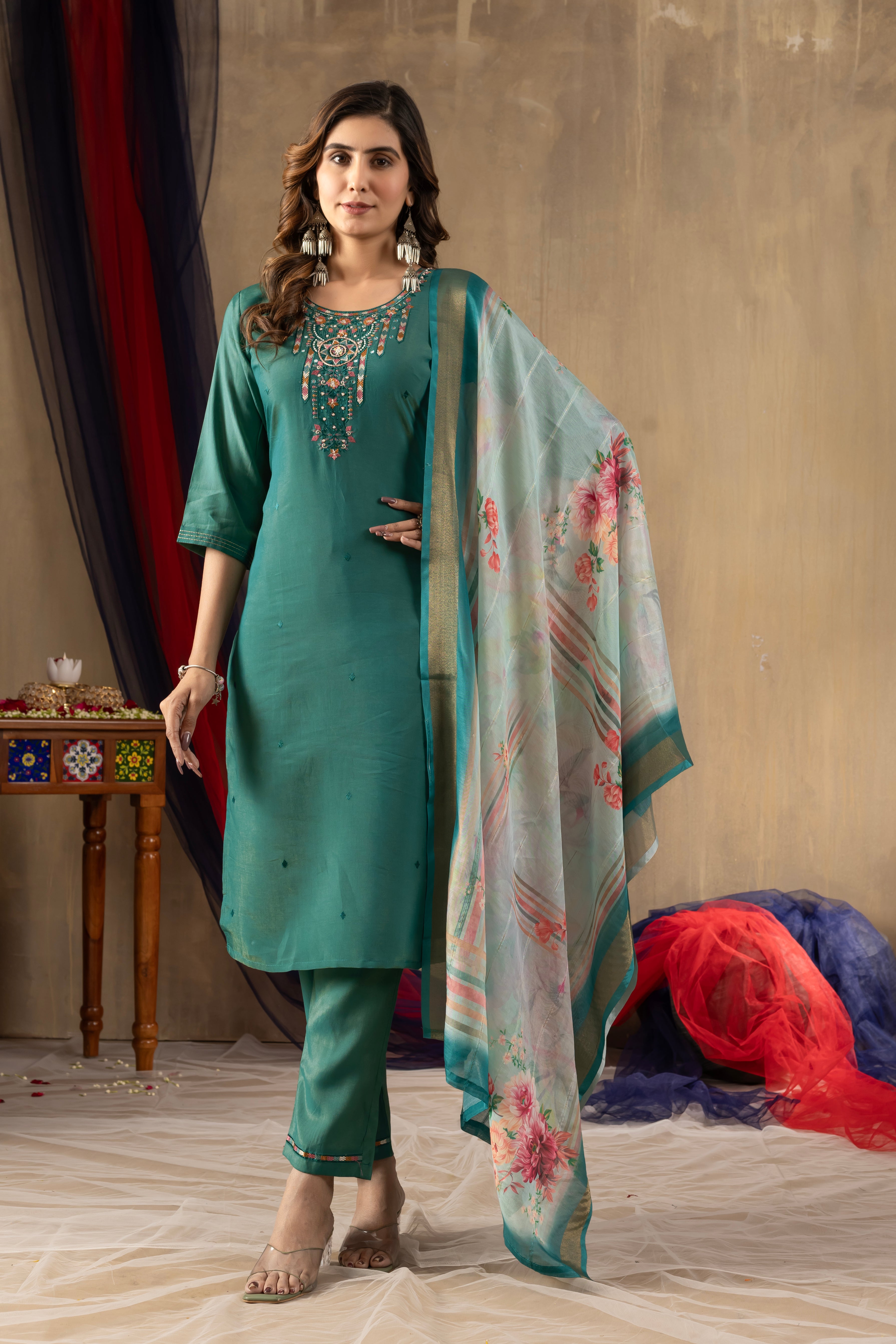 Rama Green Elegant Straight Kurti Pant Dupatta Set