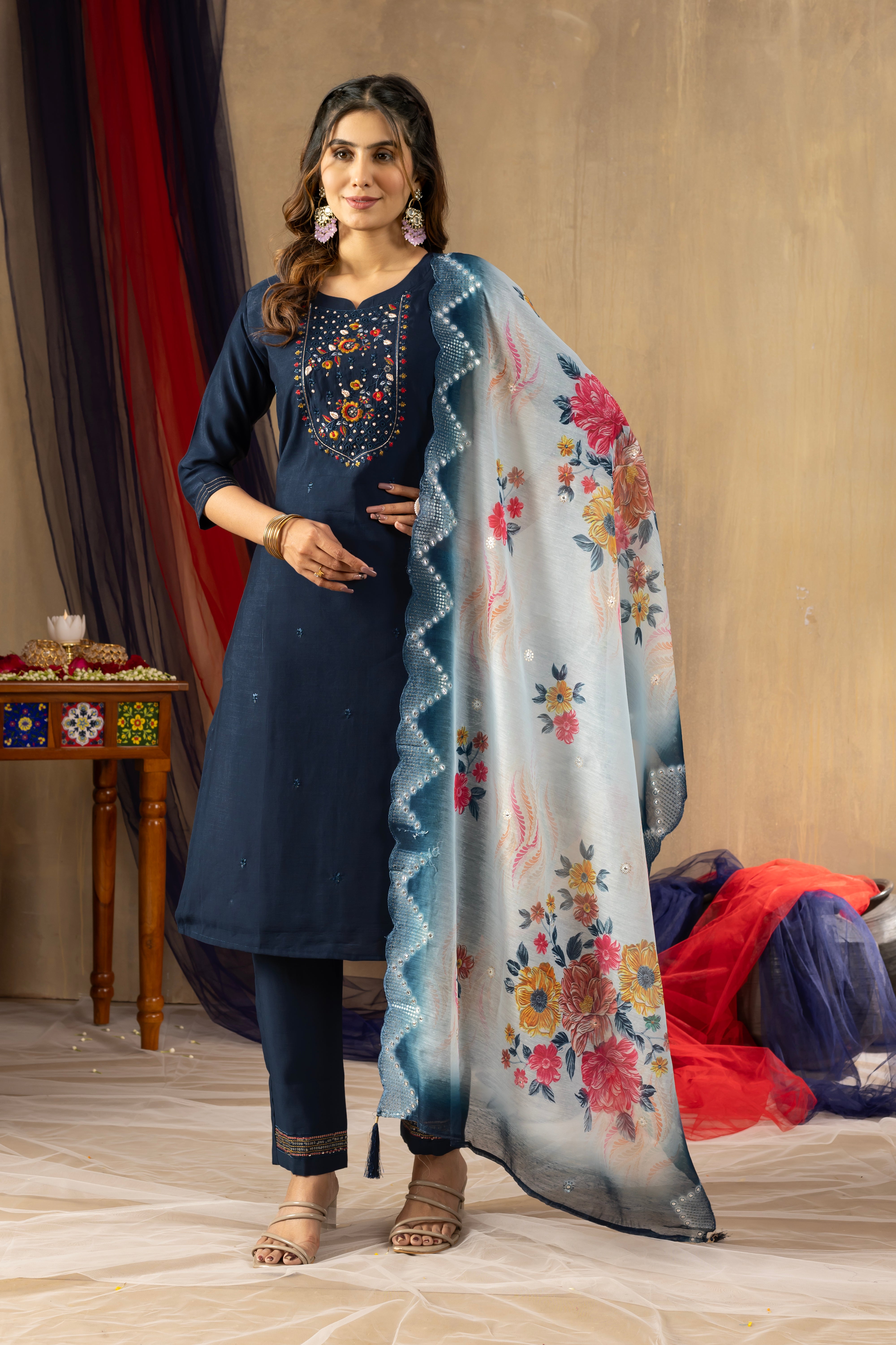 Navy Blue Elegant Straight Kurti Pant Dupatta Set