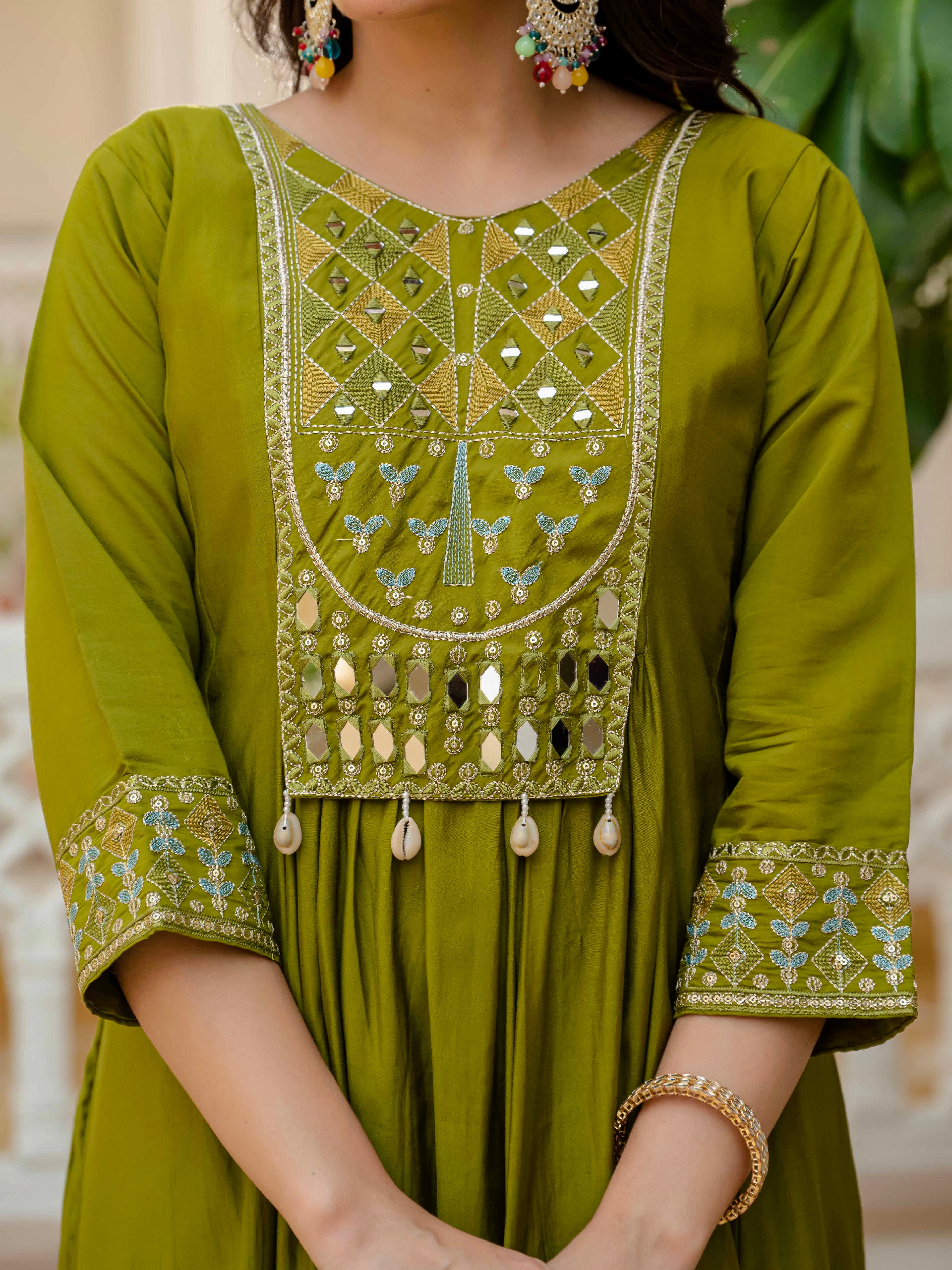 Multi Embroidery Thread With Real Mirror Hand Work kurti
