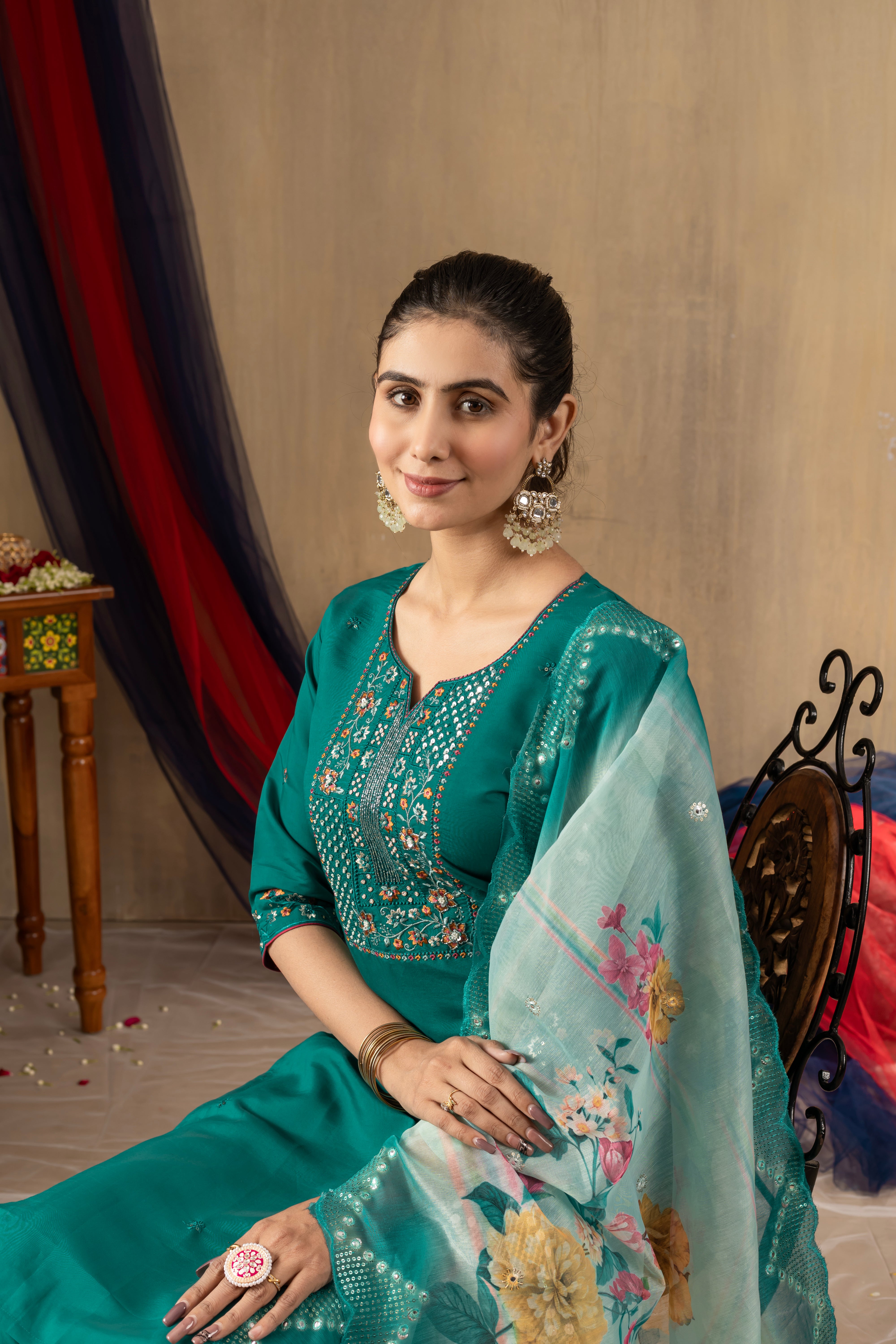 Rama Green Elegant Straight Kurti Pant Dupatta Set