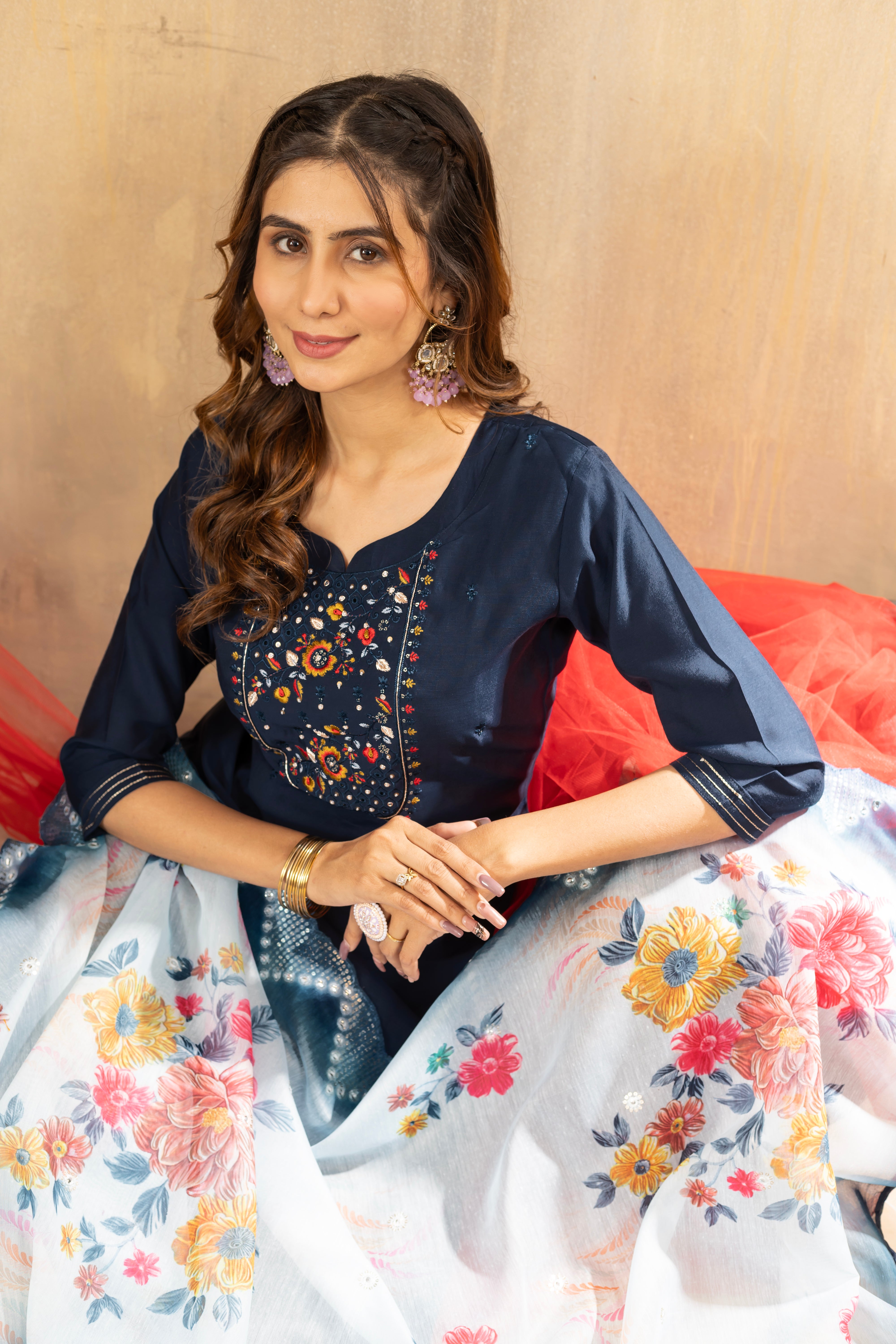 Navy Blue Elegant Straight Kurti Pant Dupatta Set