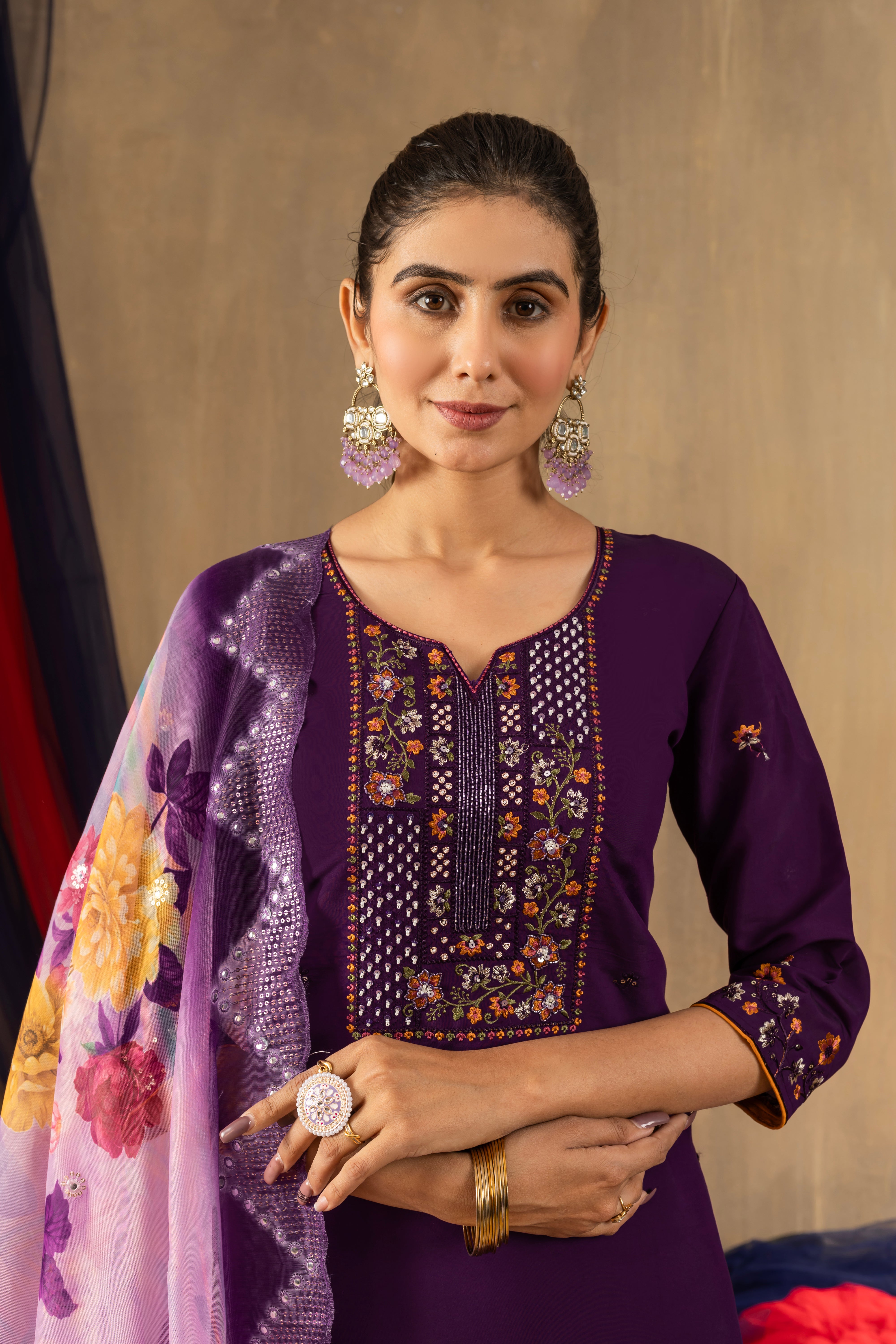 Purple Elegant Straight Kurti Pant Dupatta Set