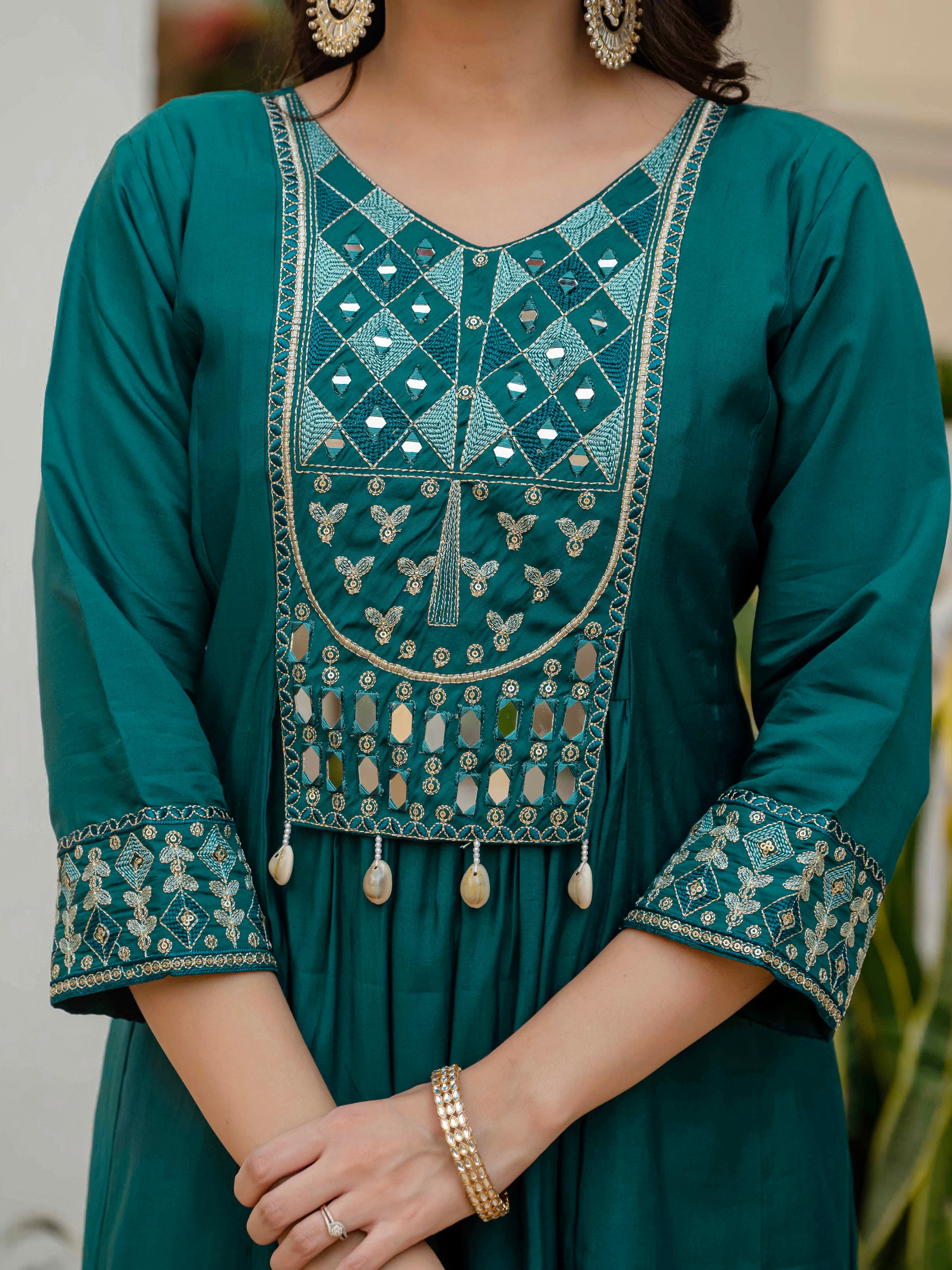 Multi Embroidery Thread With Real Mirror Hand Work kurti