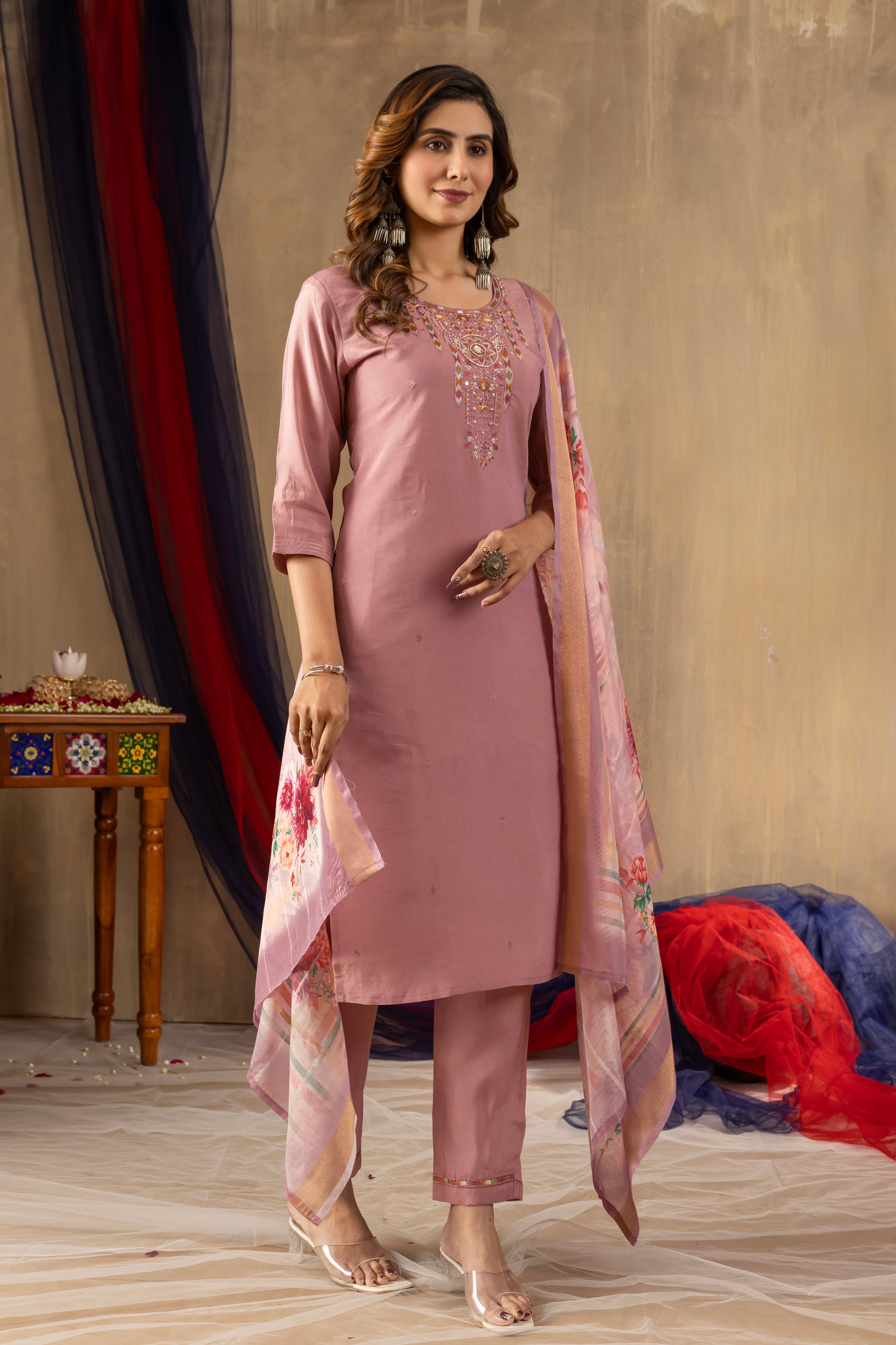 Pink Elegant Straight Kurti Pant Dupatta Set