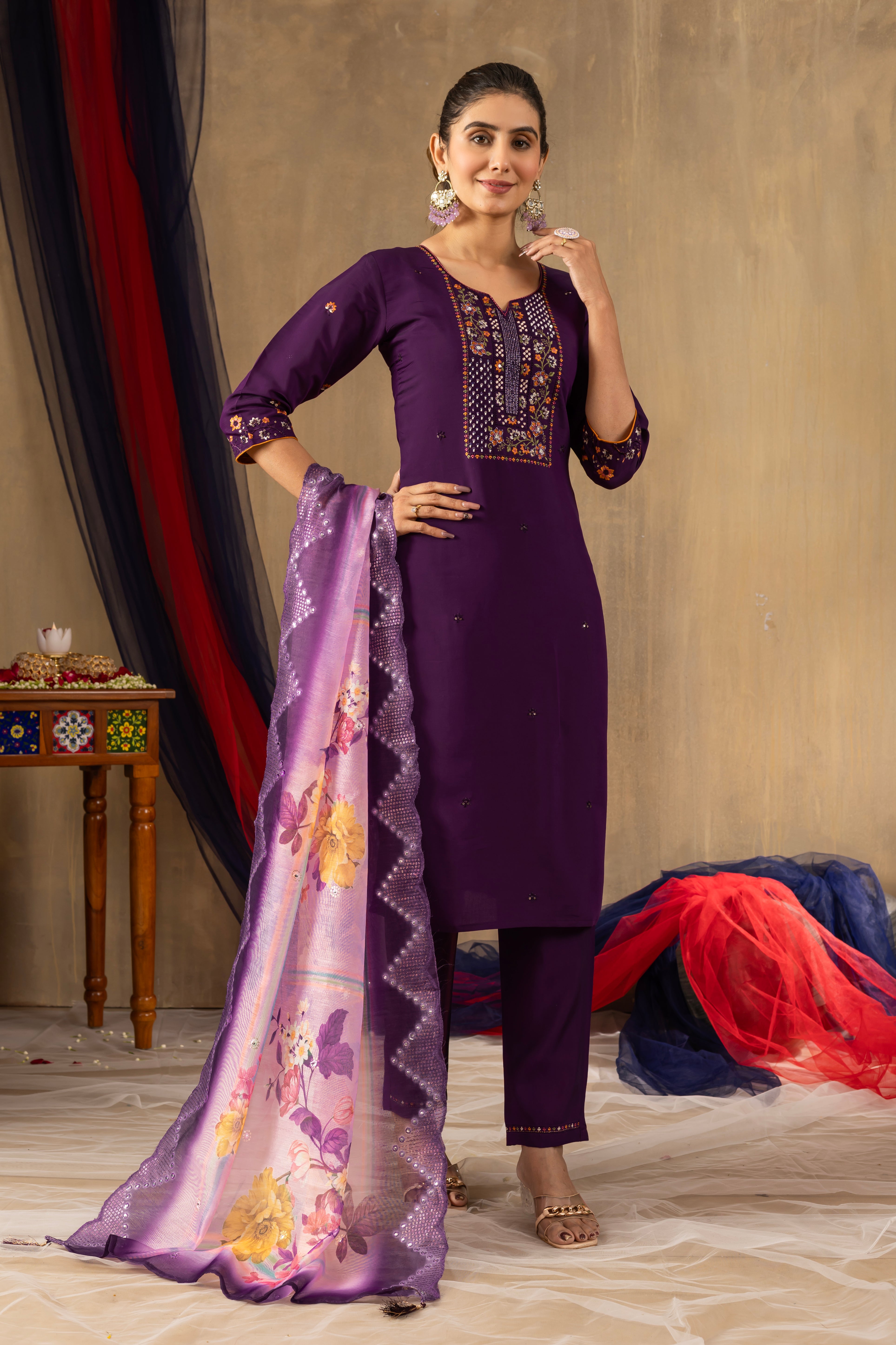 Purple Elegant Straight Kurti Pant Dupatta Set