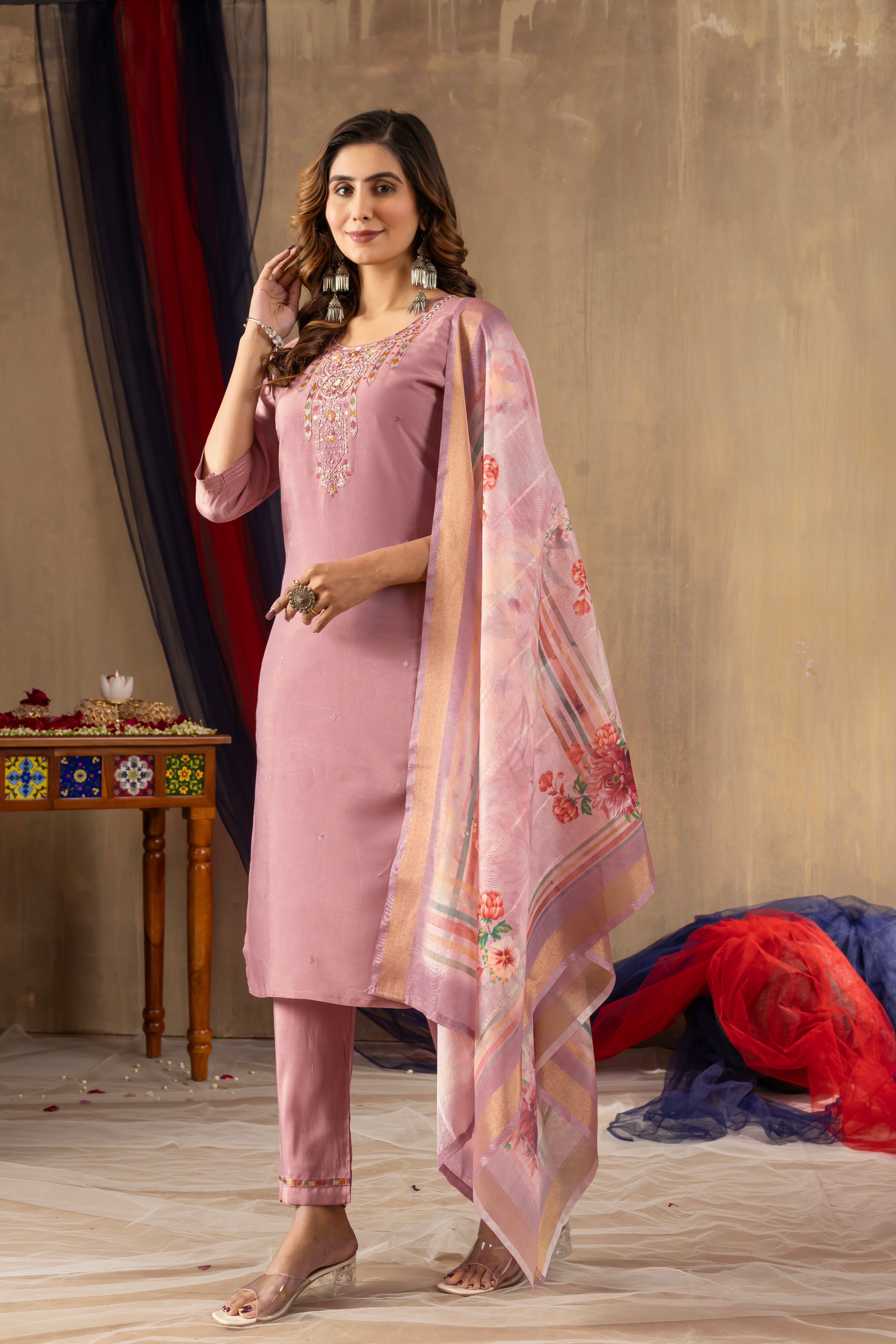 Pink Elegant Straight Kurti Pant Dupatta Set