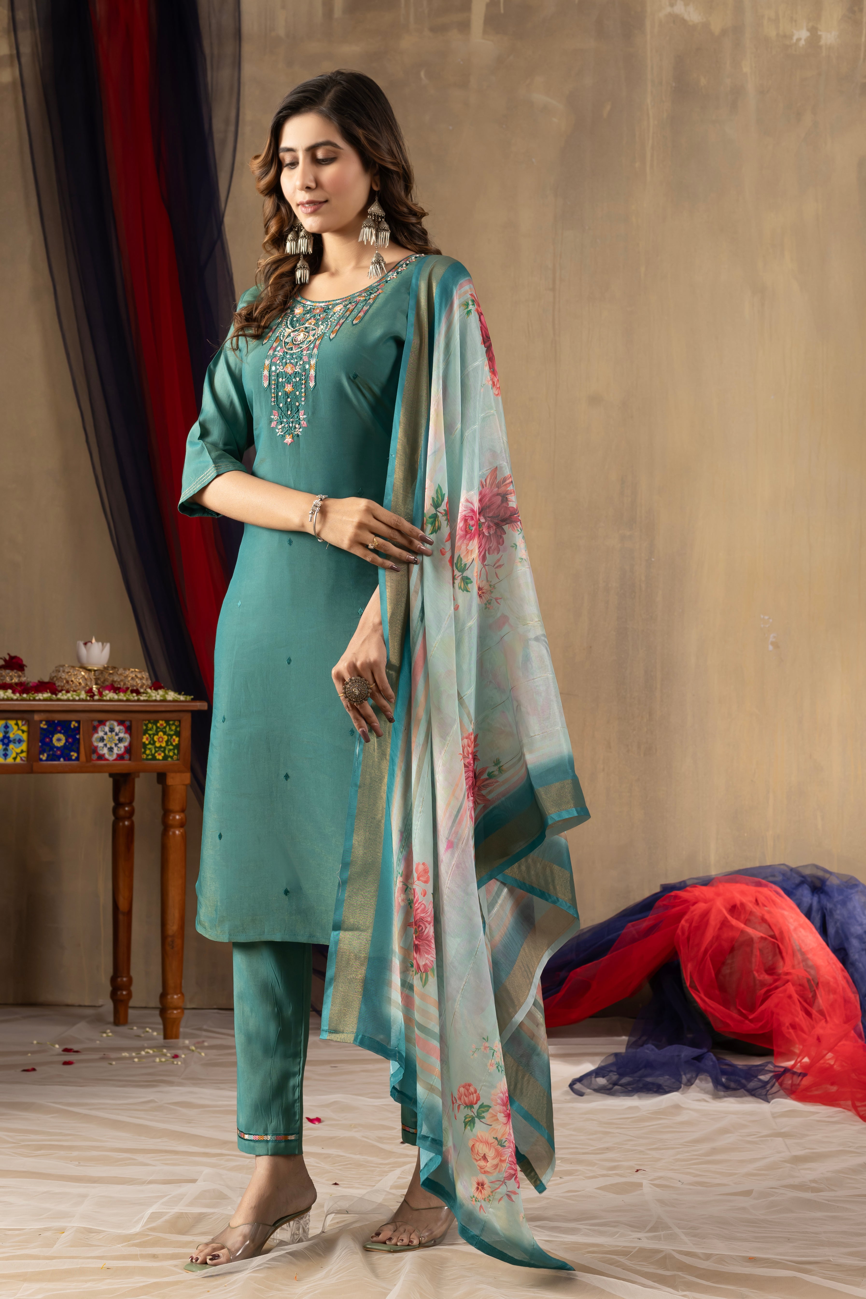 Rama Green Elegant Straight Kurti Pant Dupatta Set