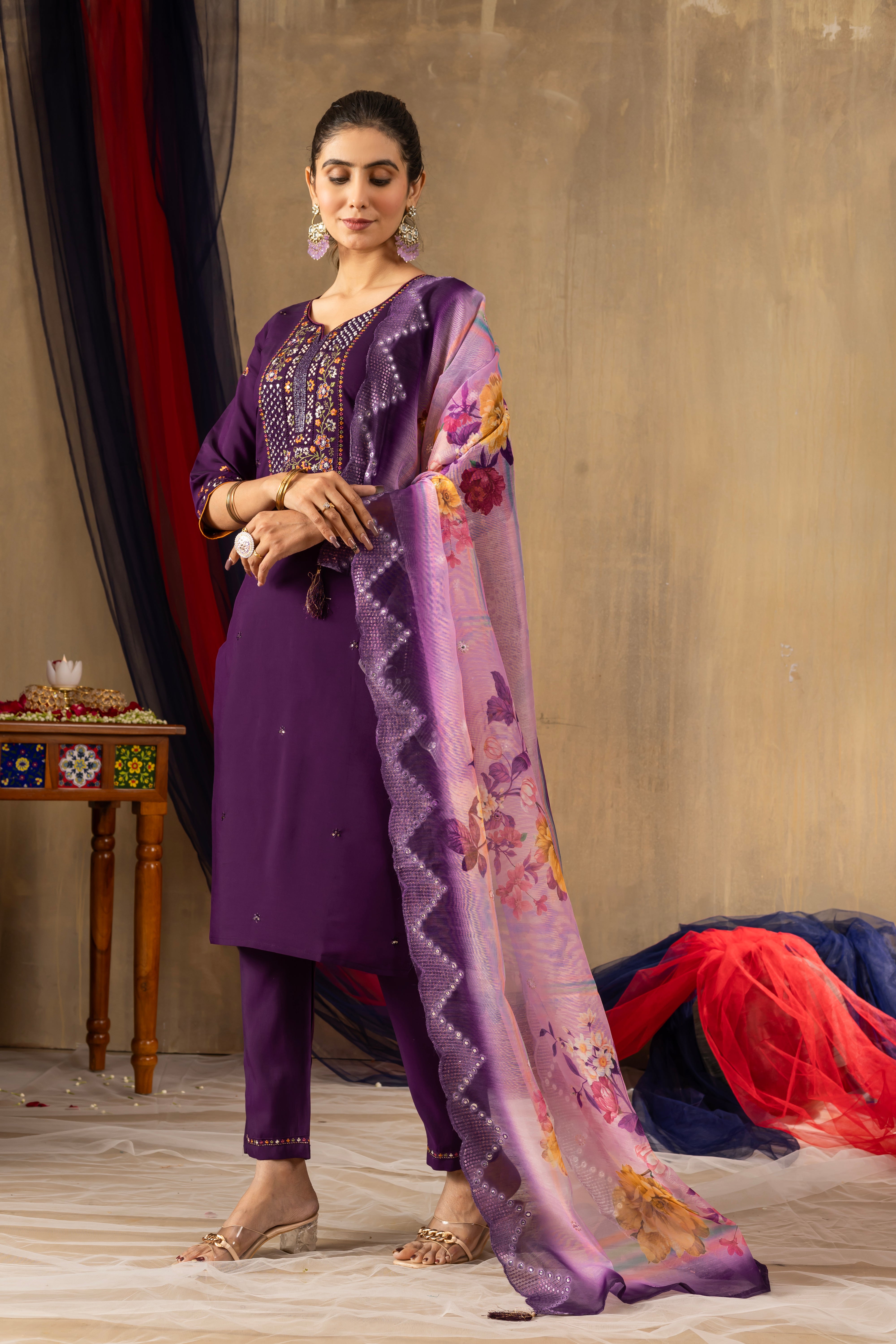 Purple Elegant Straight Kurti Pant Dupatta Set