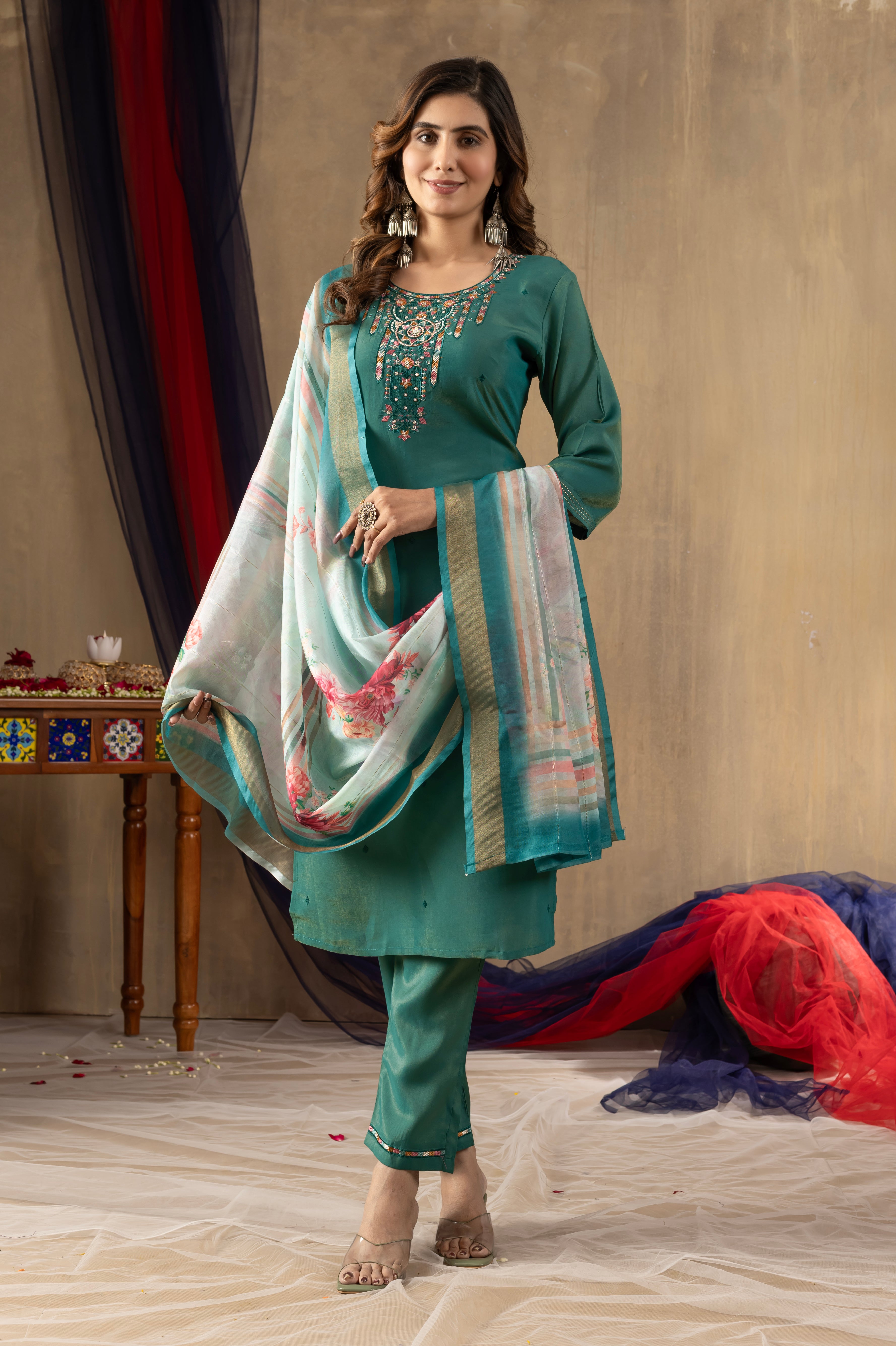 Rama Green Elegant Straight Kurti Pant Dupatta Set