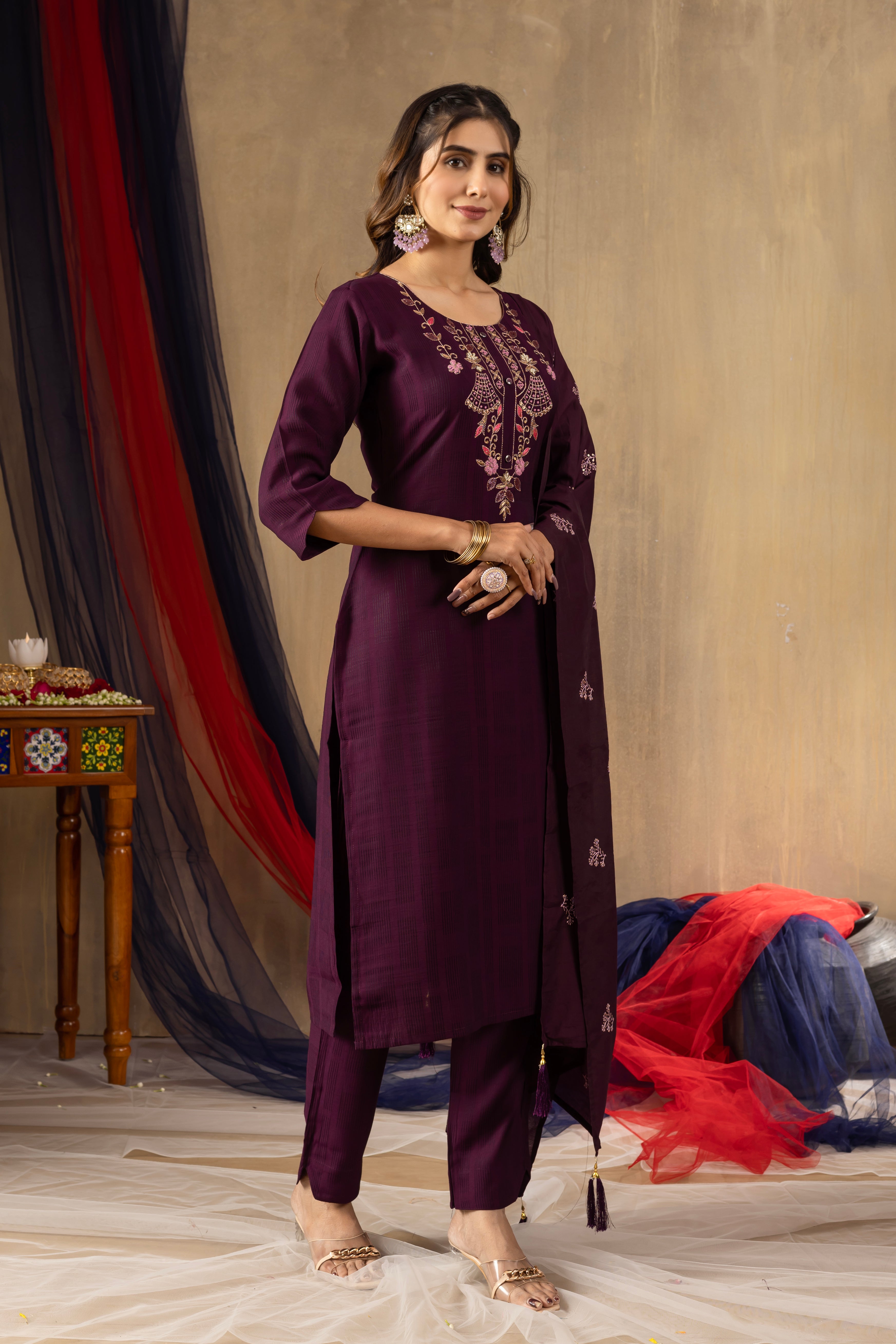 Wine Elegant Straight Kurti Pant Dupatta Set