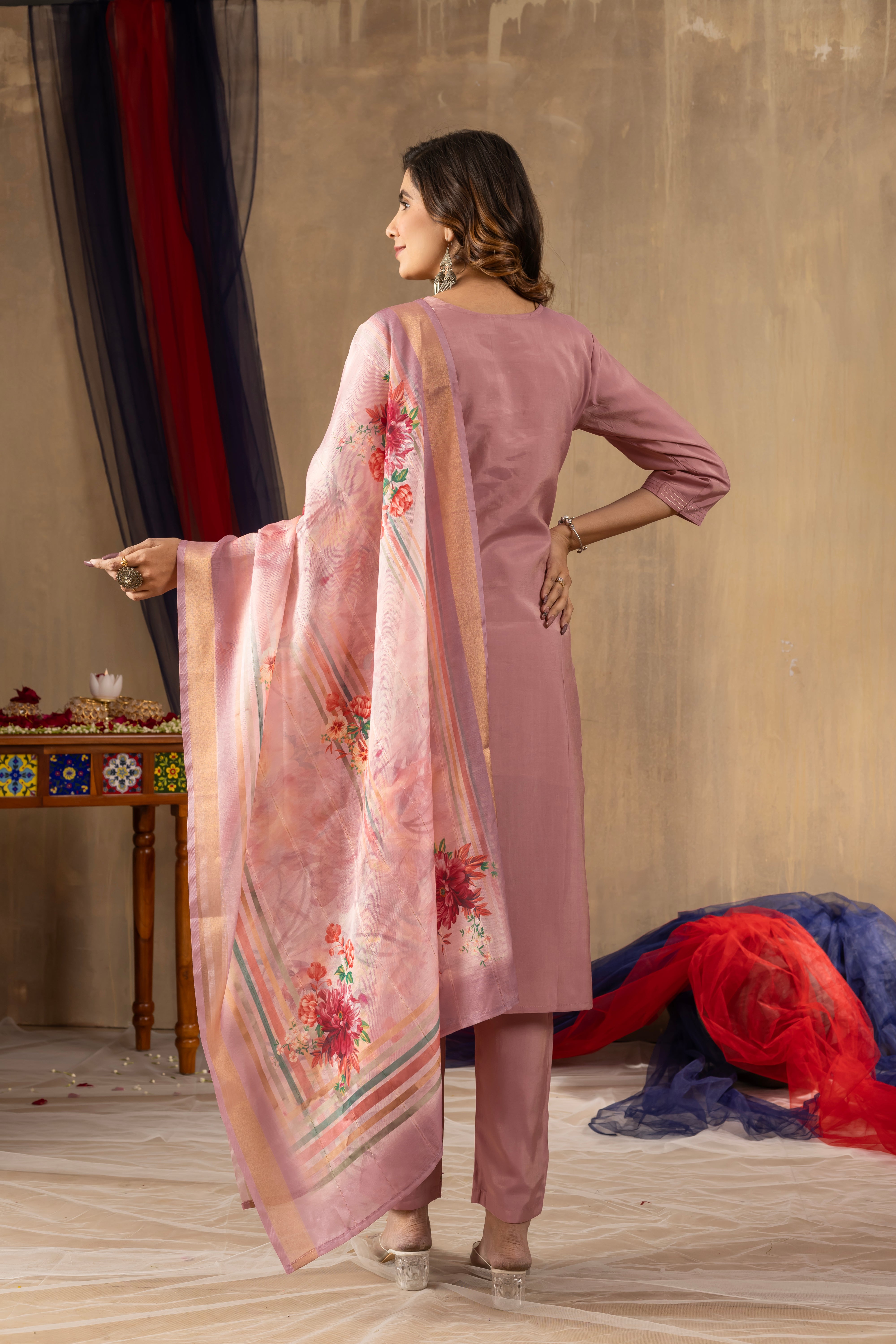 Pink Elegant Straight Kurti Pant Dupatta Set