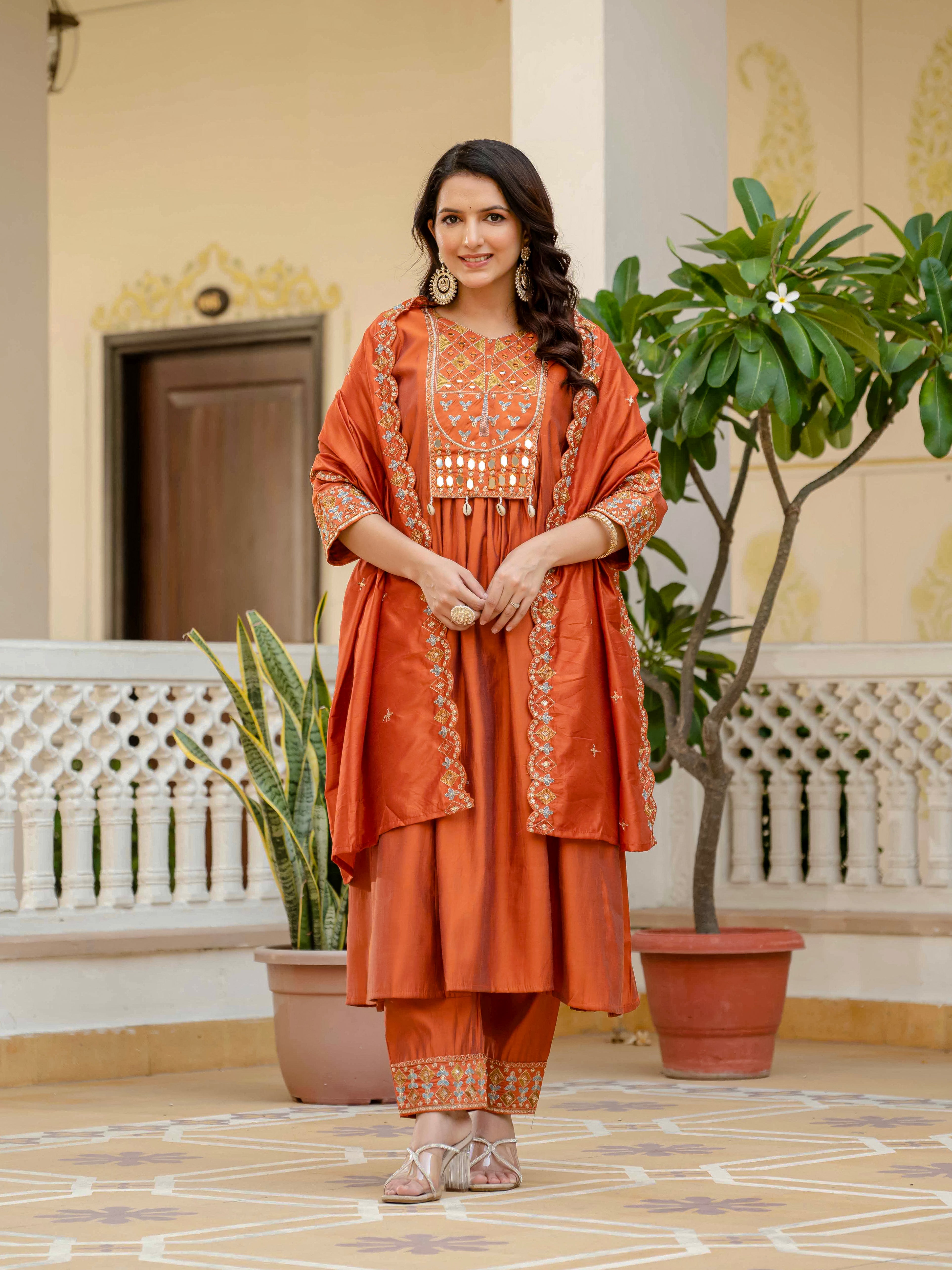 Multi Embroidery Thread With Real Mirror Hand Work kurti