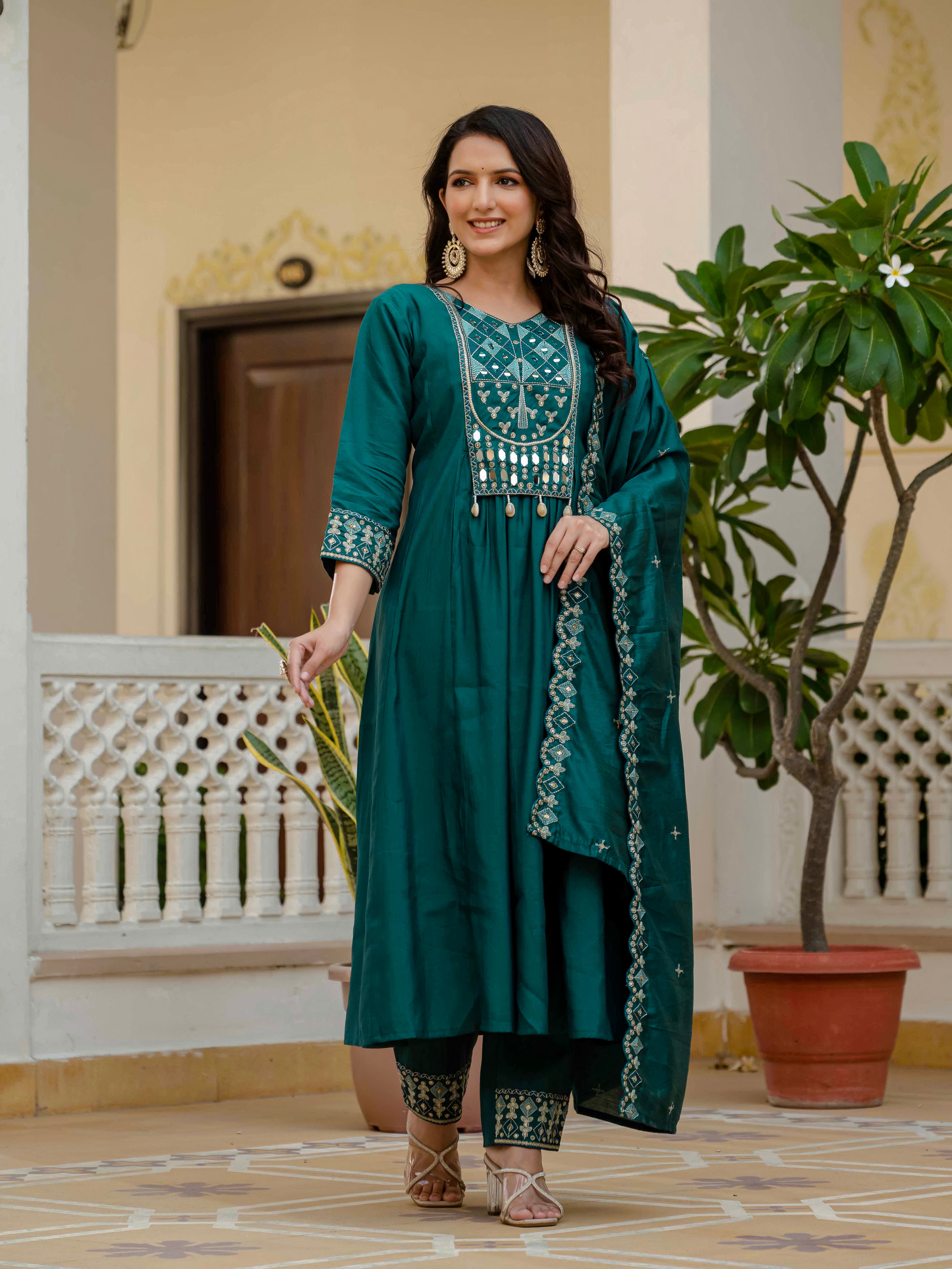 Multi Embroidery Thread With Real Mirror Hand Work kurti