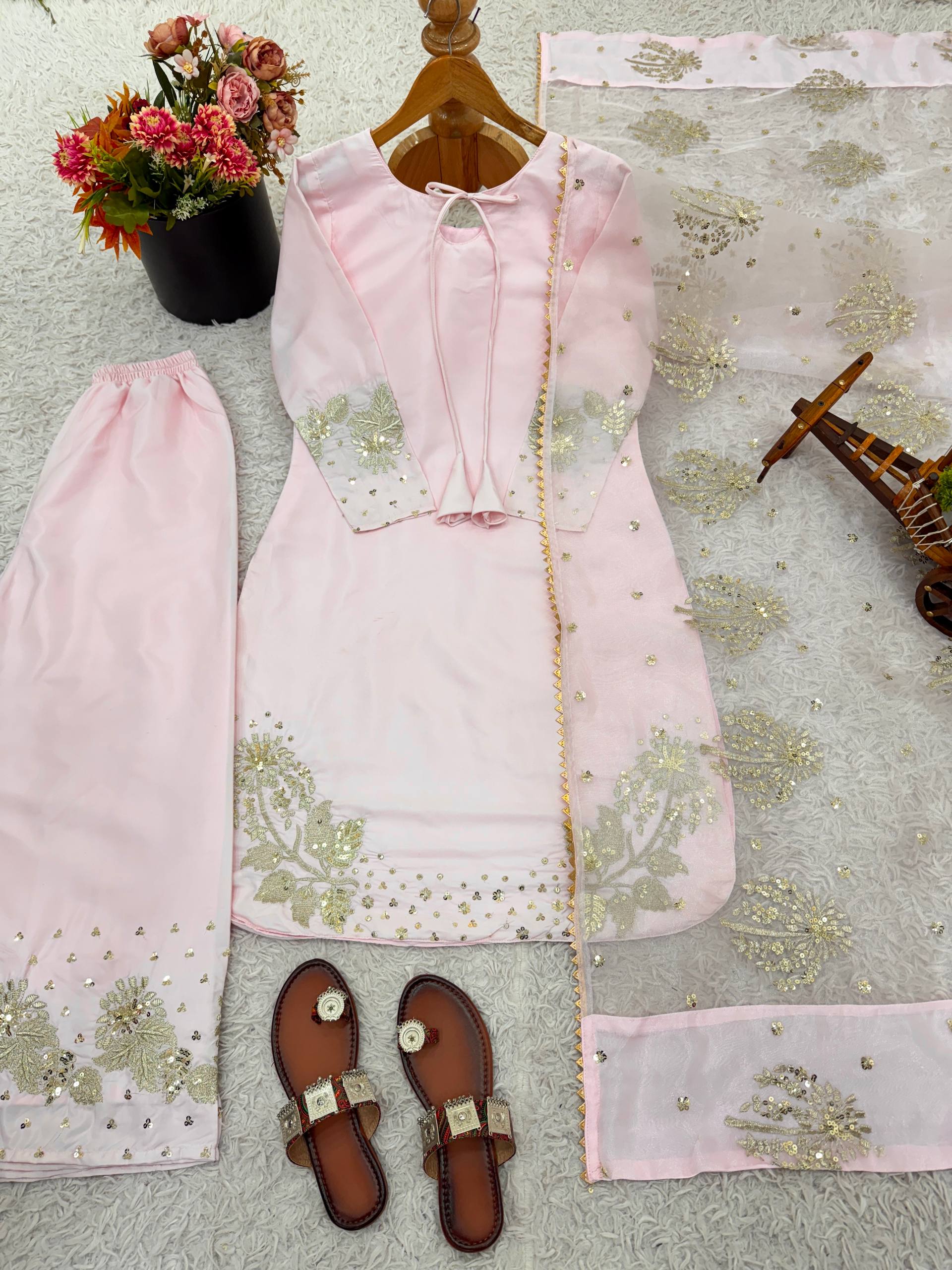 Designer Collection In Natural Crep Silk Top-Bottom And Dupatta Set