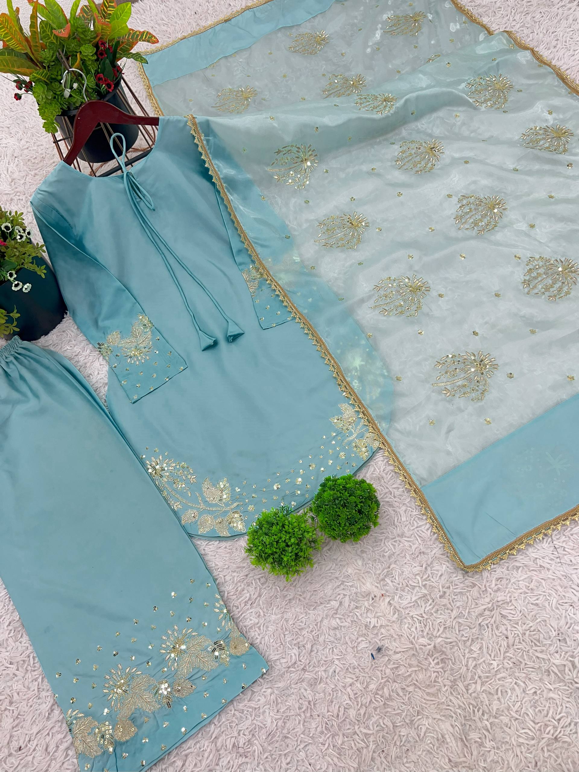 Designer Collection In Natural Crep Silk Top-Bottom And Dupatta Set