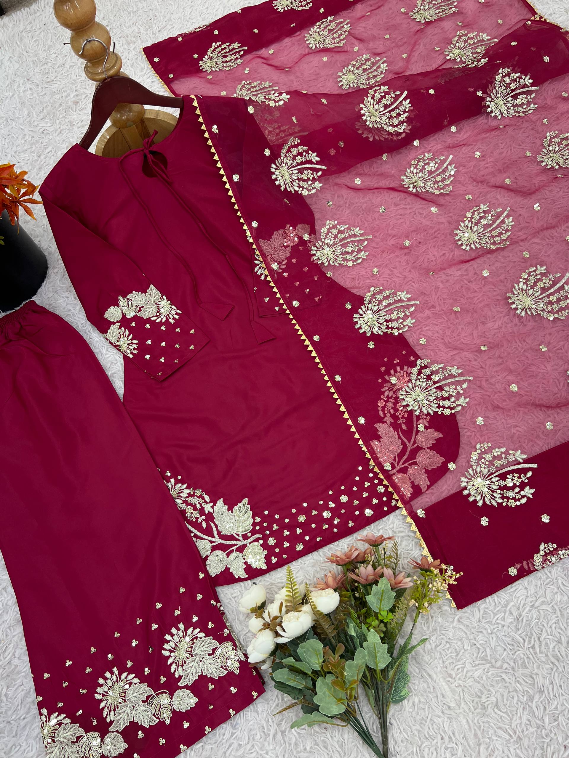 Designer Collection In Natural Crep Silk Top-Bottom And Dupatta Set