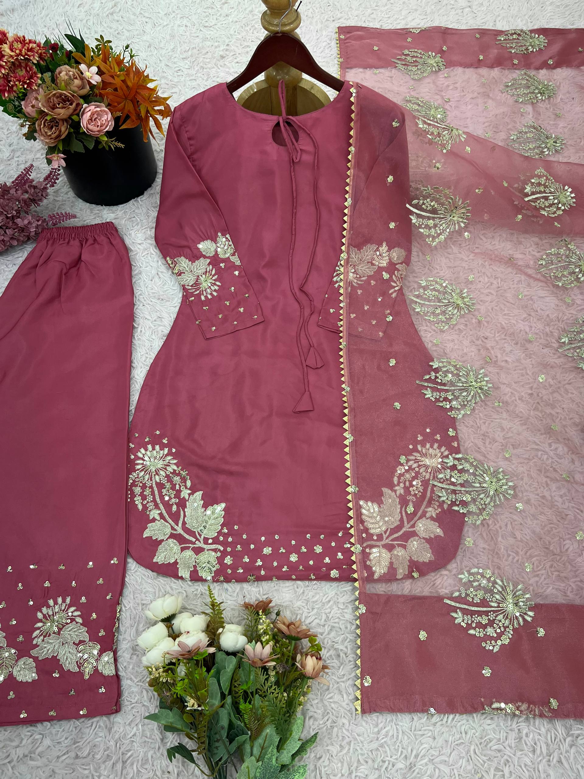 Designer Collection In Natural Crep Silk Top-Bottom And Dupatta Set