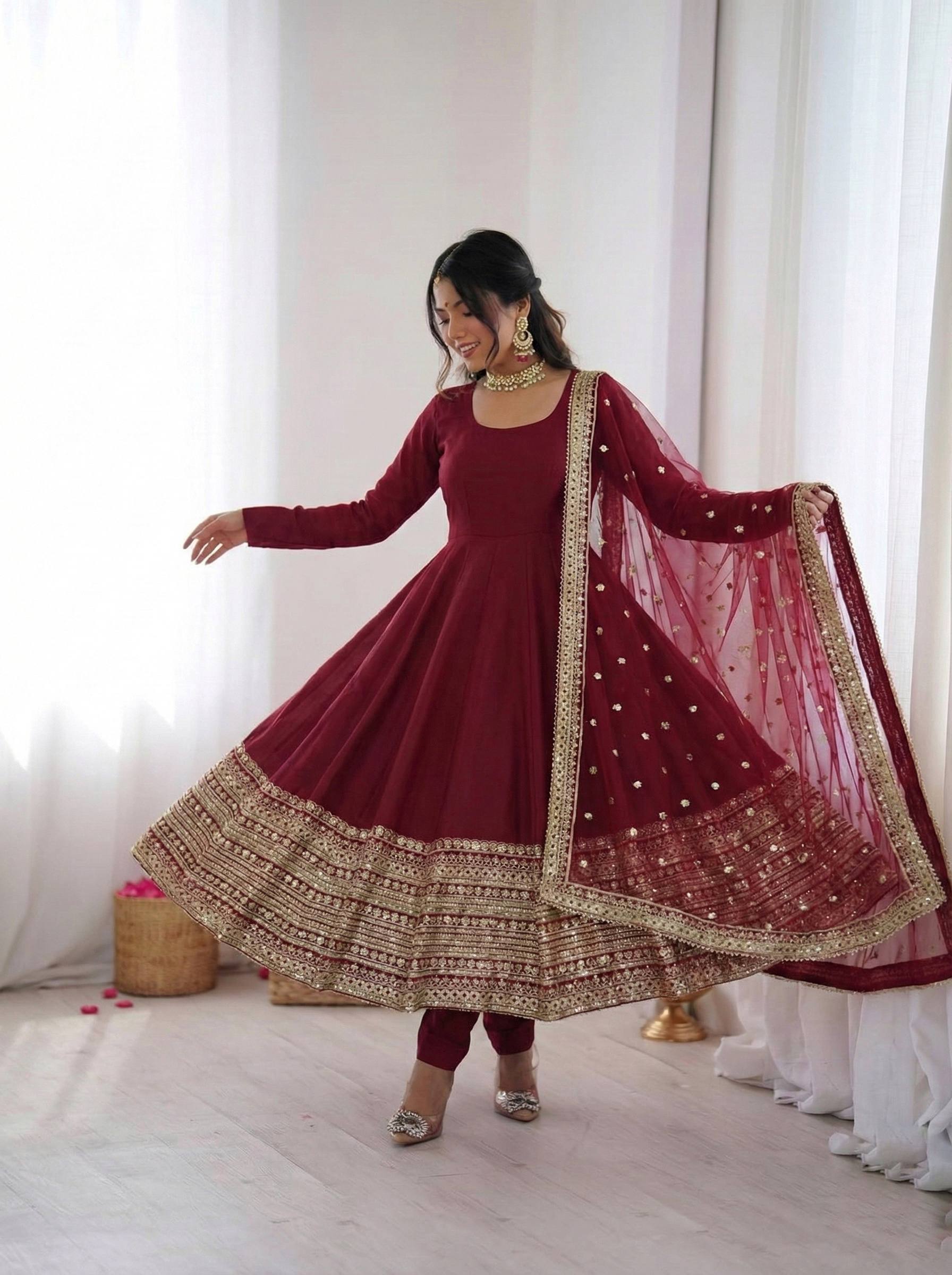 Premium Quality Anarkali Gown With Bottom And Dupatta