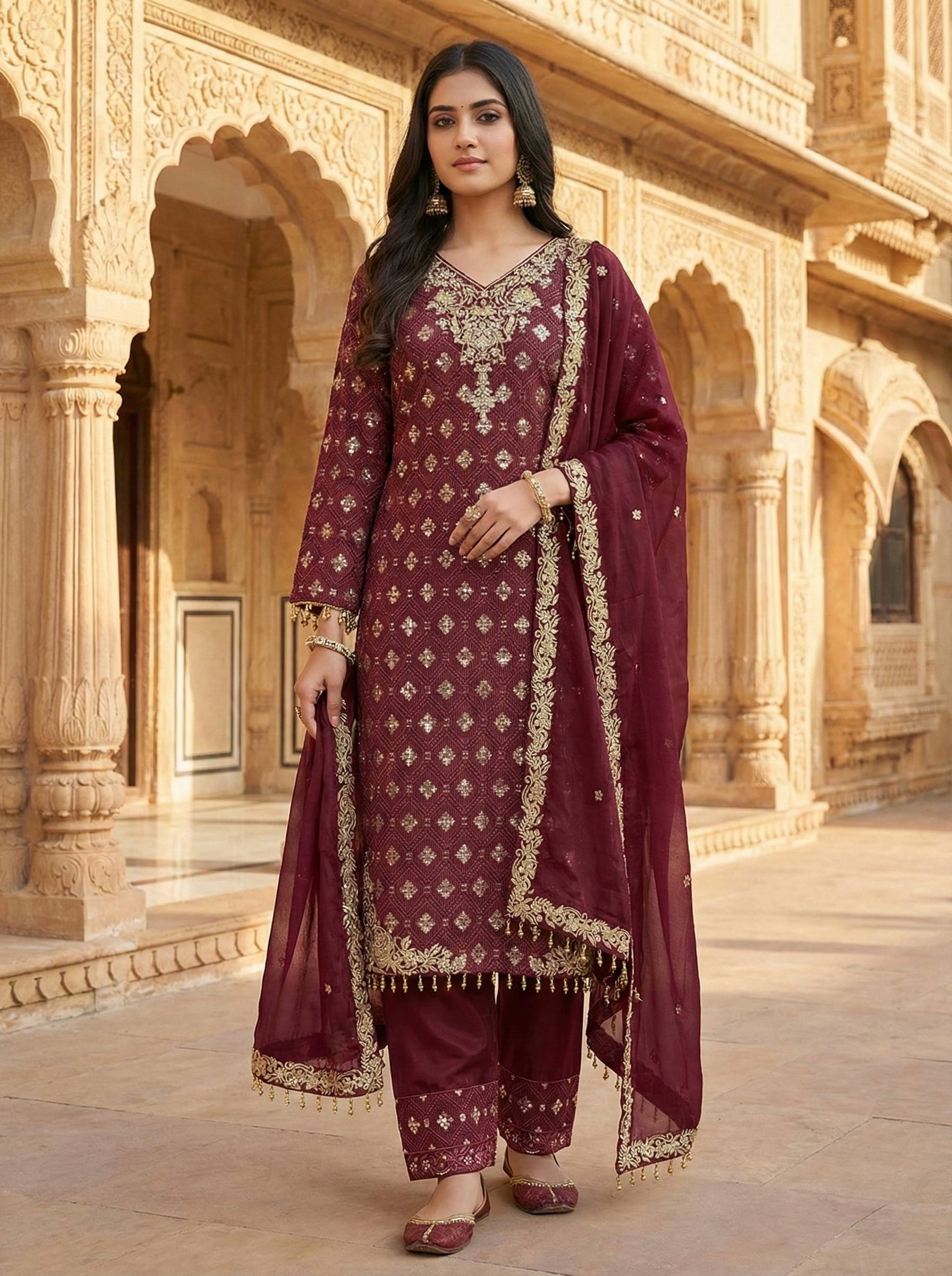 New Designer Collection In GMY SILK With Heavy Embroidery Sequence Work Top-Bottom And Dupatta Set