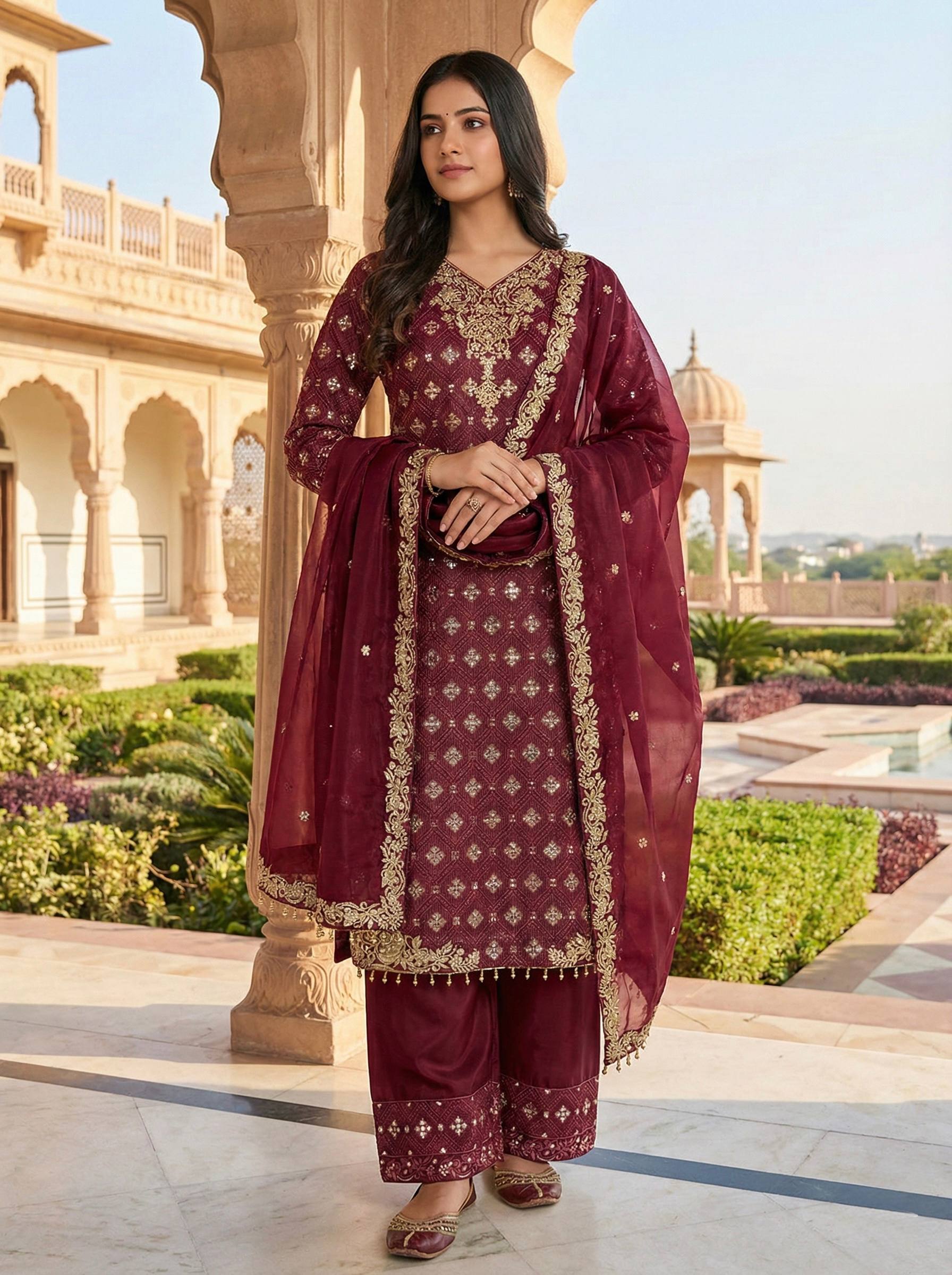 New Designer Collection In GMY SILK With Heavy Embroidery Sequence Work Top-Bottom And Dupatta Set