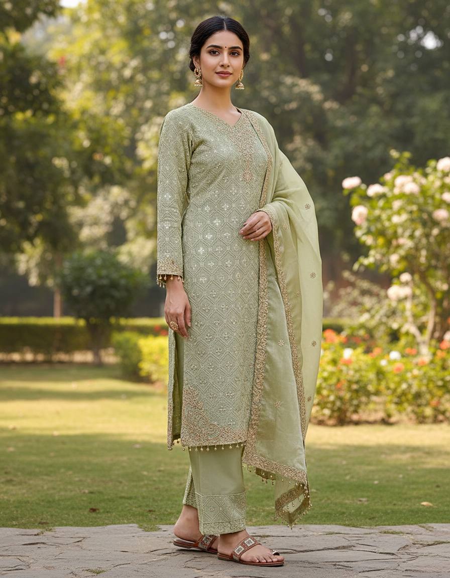 New Designer Collection In GMY SILK With Heavy Embroidery Sequence Work Top-Bottom And Dupatta Set
