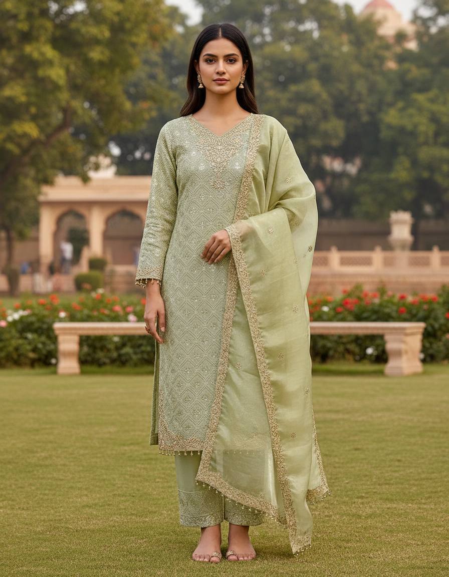 New Designer Collection In GMY SILK With Heavy Embroidery Sequence Work Top-Bottom And Dupatta Set