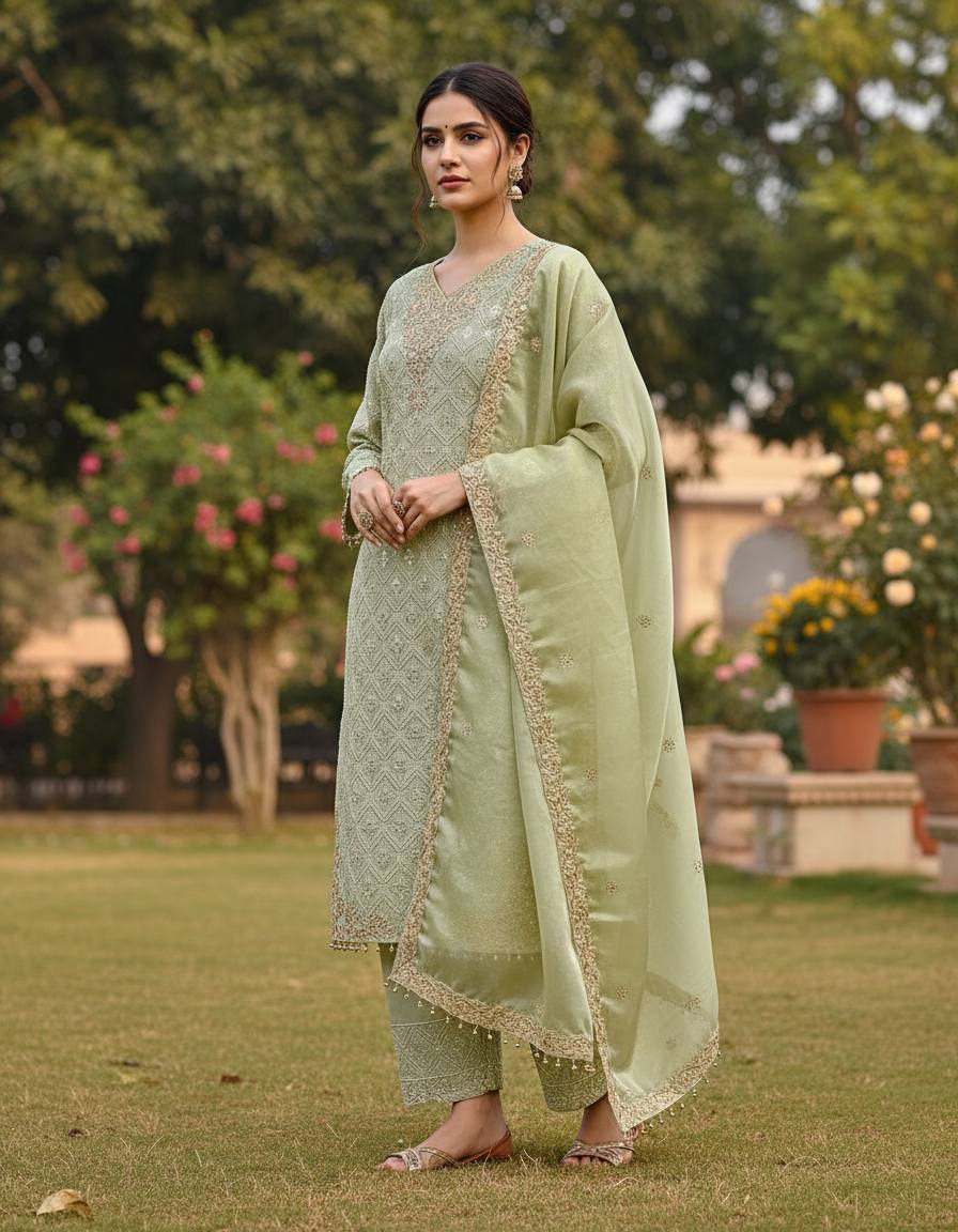 New Designer Collection In GMY SILK With Heavy Embroidery Sequence Work Top-Bottom And Dupatta Set