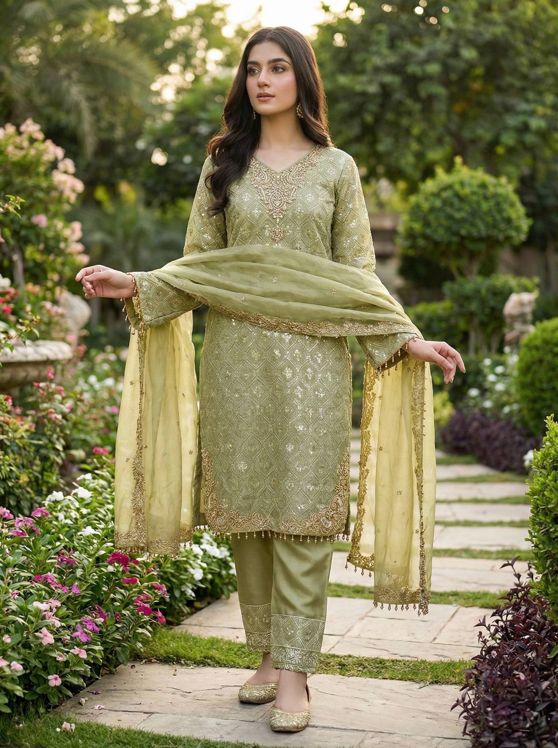 New Designer Collection In GMY SILK With Heavy Embroidery Sequence Work Top-Bottom And Dupatta Set
