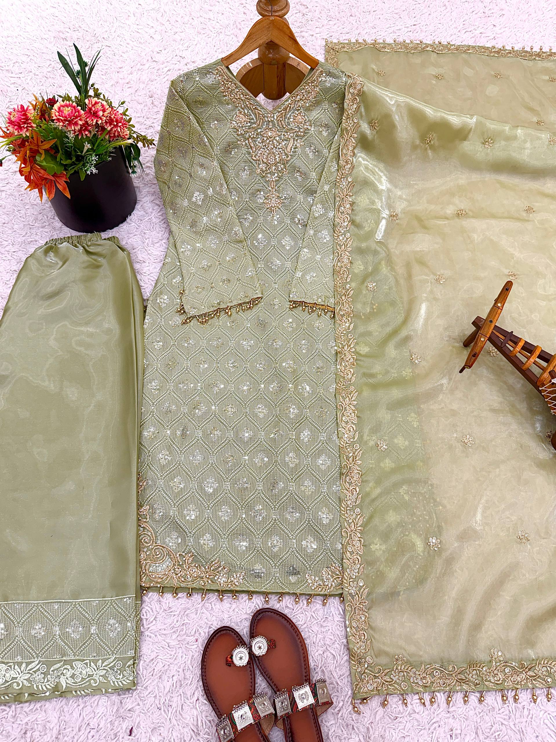 New Designer Collection In GMY SILK With Heavy Embroidery Sequence Work Top-Bottom And Dupatta Set