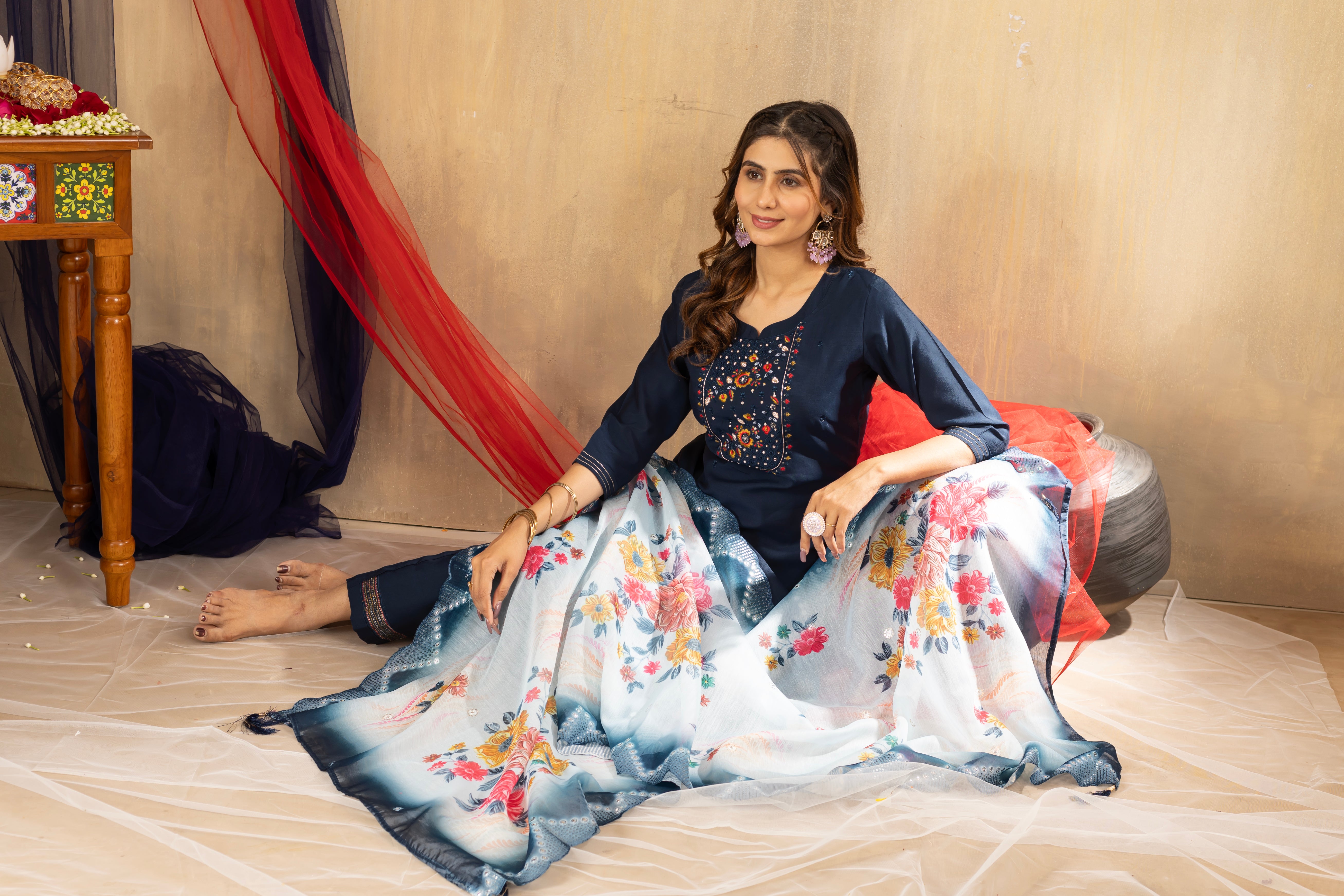 Navy Blue Elegant Straight Kurti Pant Dupatta Set