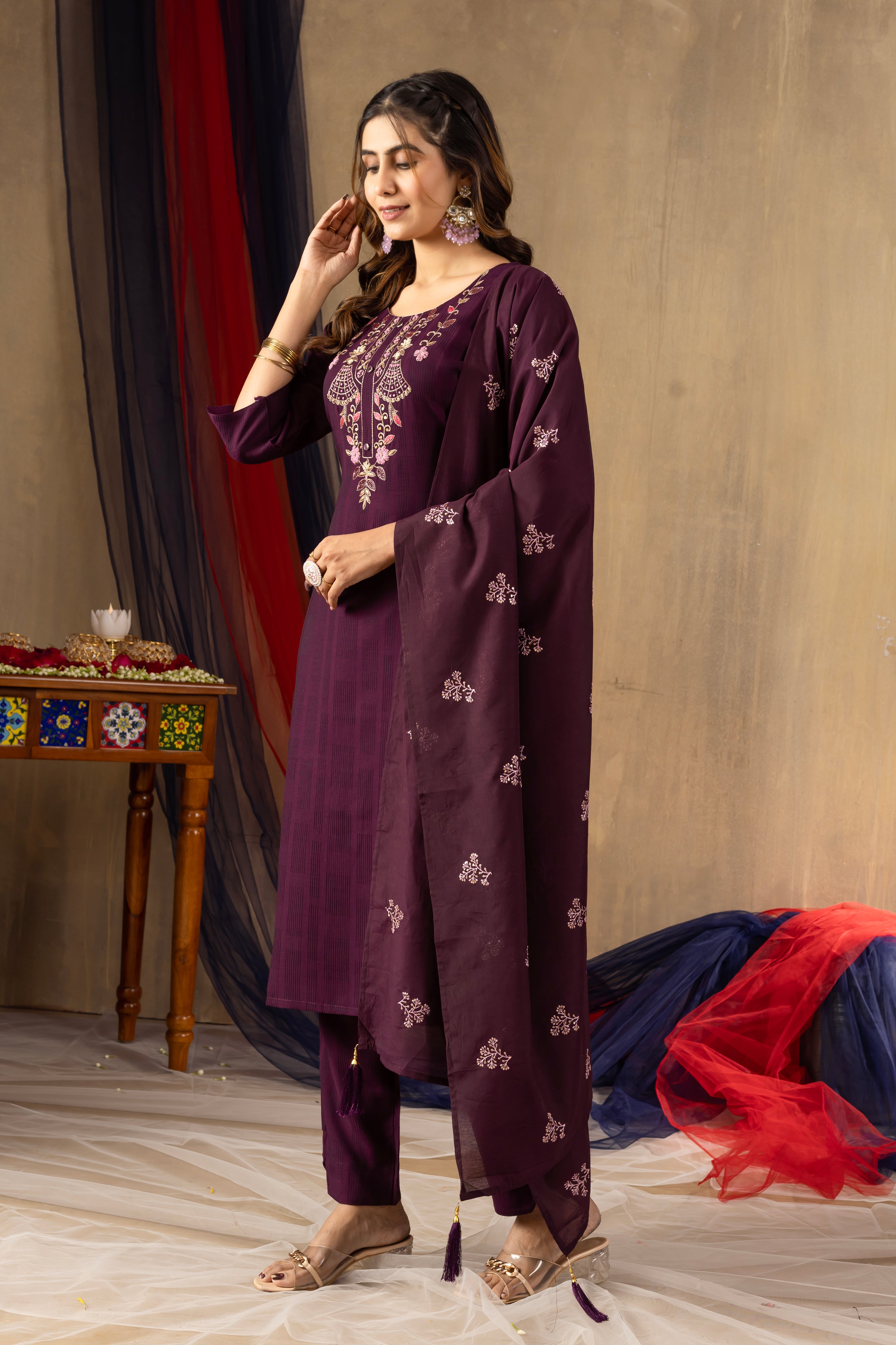 Wine Elegant Straight Kurti Pant Dupatta Set