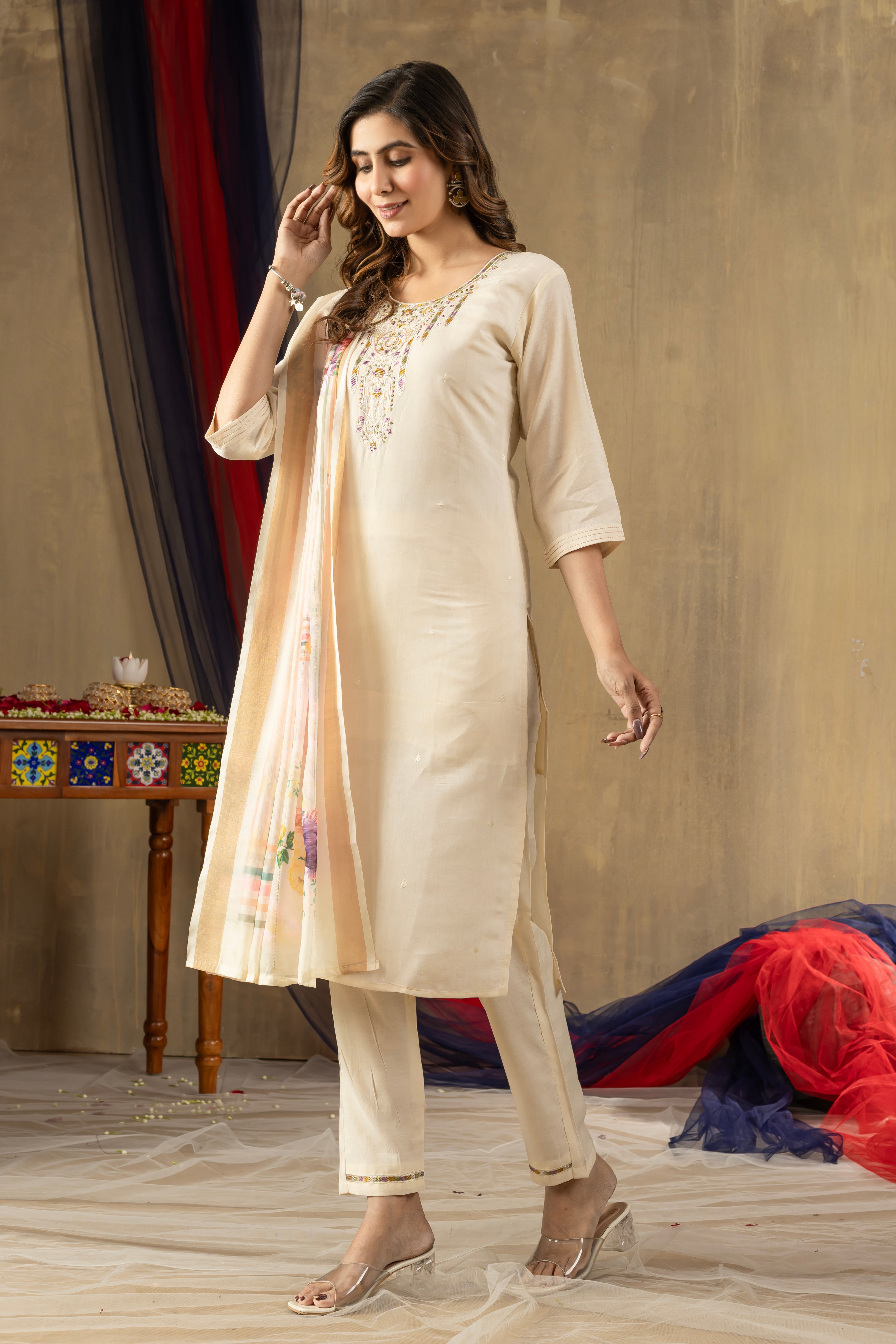 White Elegant Straight Kurti Pant Dupatta Set