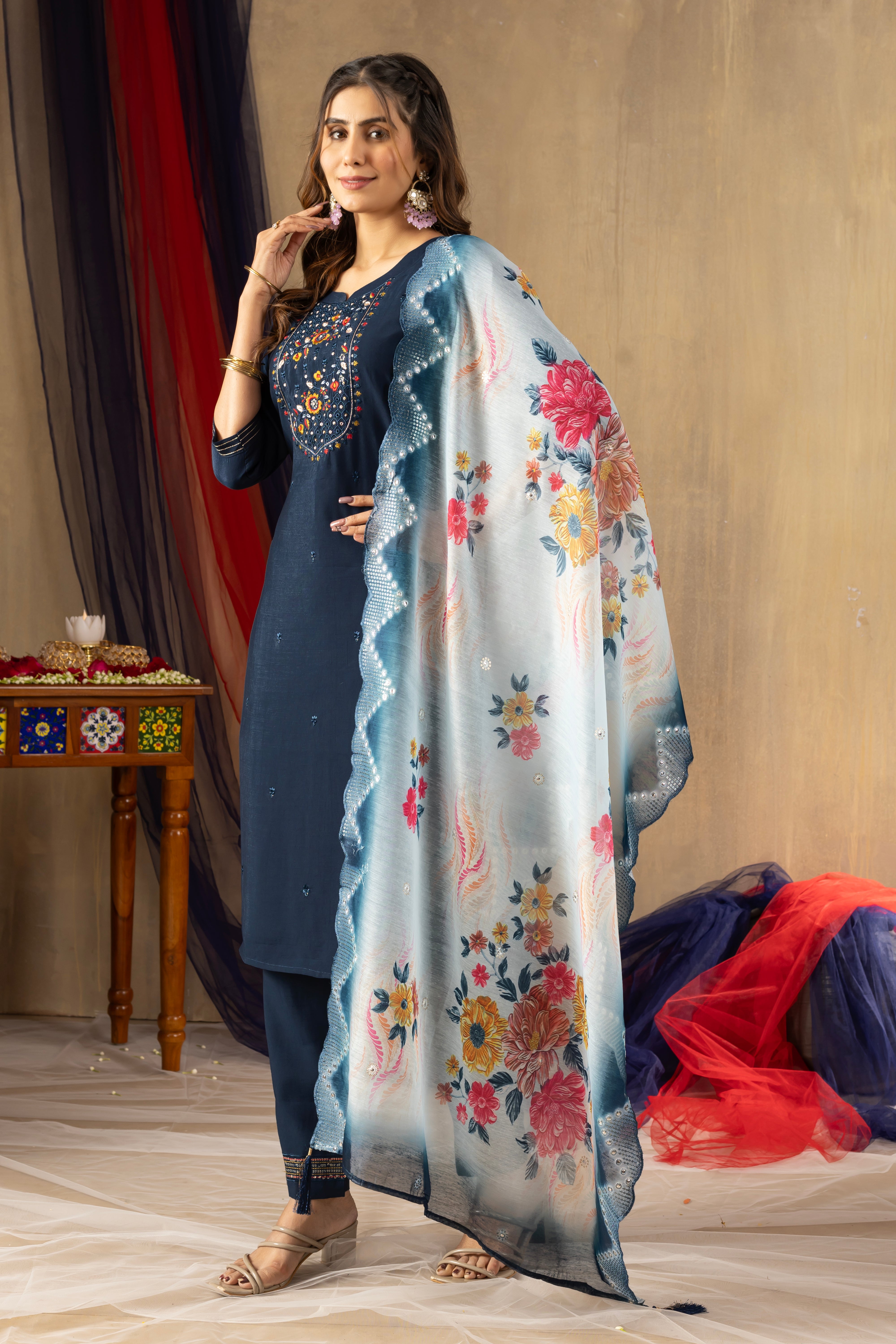 Navy Blue Elegant Straight Kurti Pant Dupatta Set